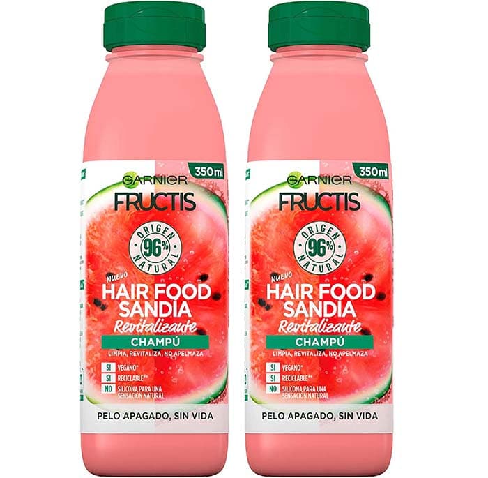 Garnier Fructis Hair Food, champô melancia evitalizante, limpa e evitaliza, para cabelo seco ou desligado, fórmula vegana, sem silicone, 350 ml x 2