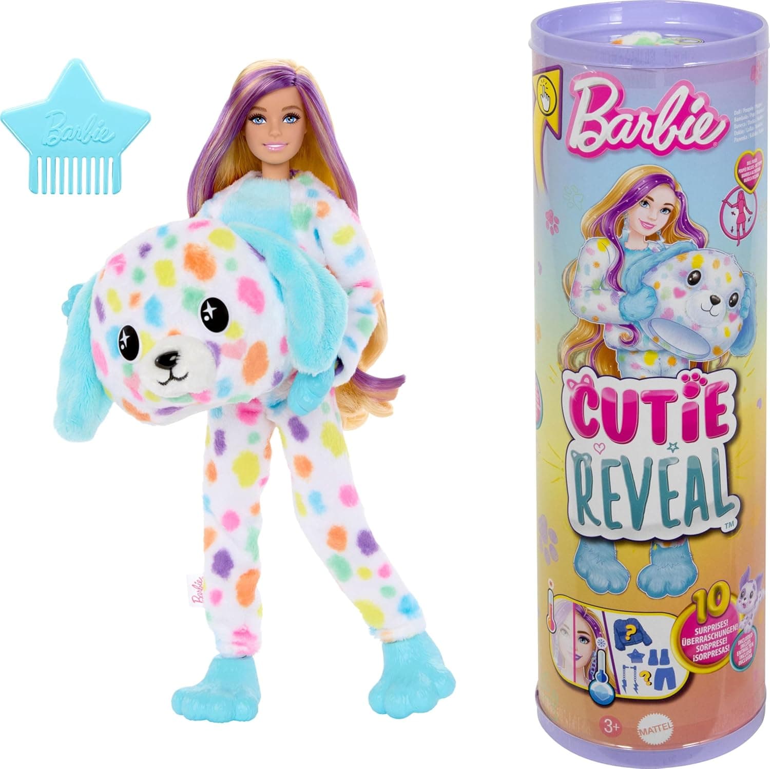 Barbie Cutie Reveal boneca com disfarce de cão dálmata colorido, com pente, animais de estimação e acessórios surpresa na moda, série de sonhos coloridos, brinquedo +3 anos (HRK41)