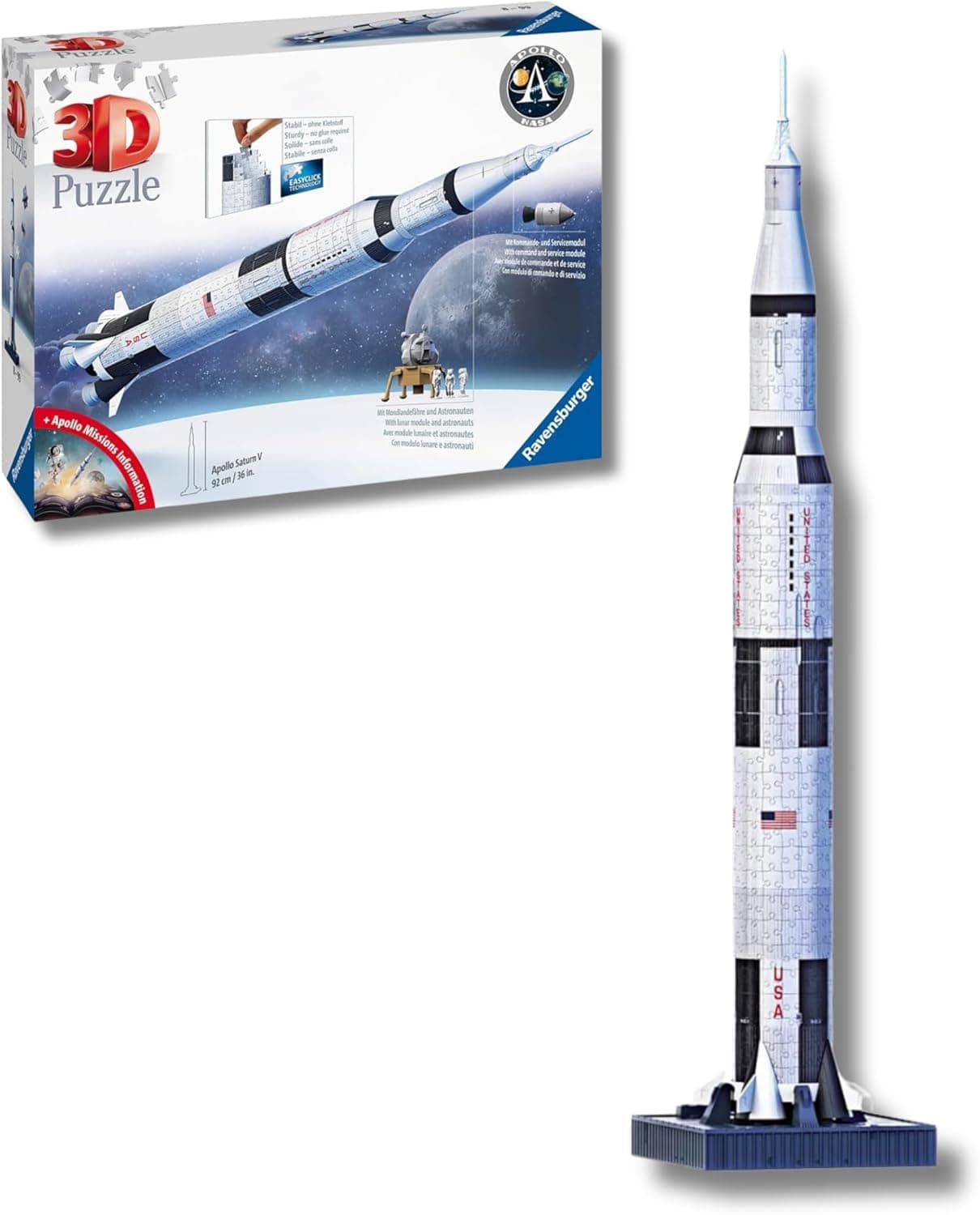 Ravensburger - Puzzle 3D para adultos NASA: Apollo Saturn V | Quebra-cabeças 3D para adultos e crianças de 8 anos ou mais, casacos para montar de 504 peças | presentes crianças 8 anos ou mais
