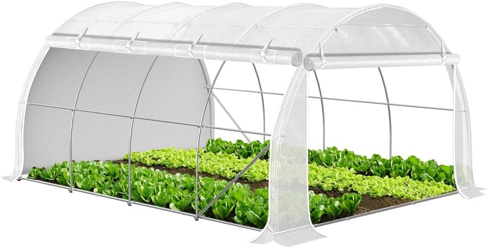 VOUNOT Estufas de jardim, túnel de estufa, jardim para plantas com paredes laterais enroláveis, cobertura PE e balde de aço, impermeável, 4 x 3 x 2 m, branco