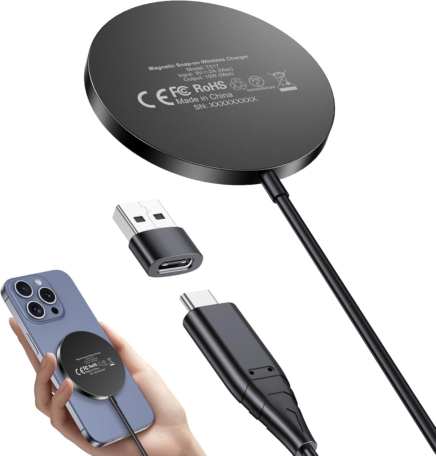 Carregador mag Safe, carregador sem fios compatível com a série iPhone 16/15/14, estação de carregamento magnético, tapete de carregamento indutivo, carregador sem fios AirPods, preto