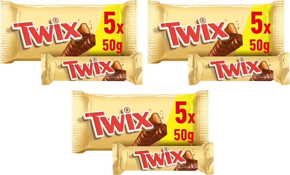 Twix Barrinhas de chocolate com leite, bolacha e caramelo, embalagem de 5 x 50 g, 3 embalagens