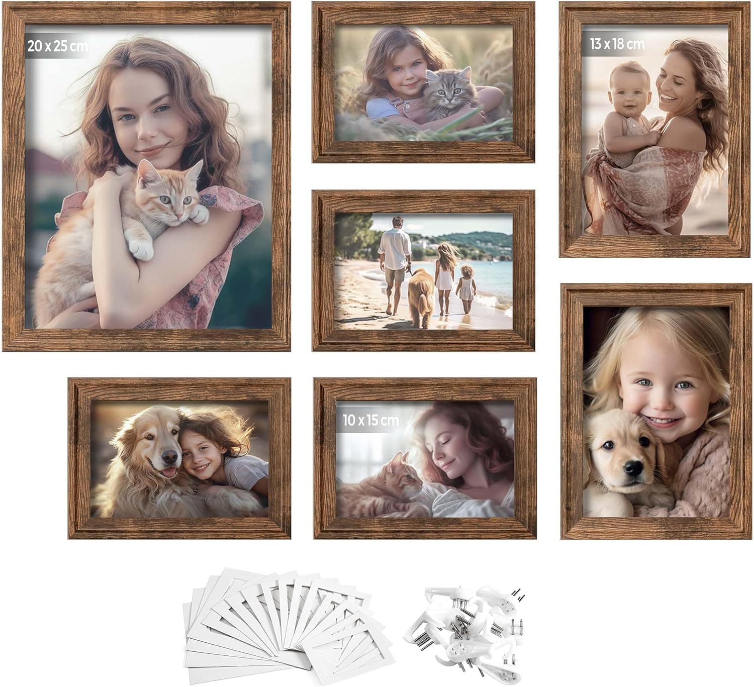SONGMICS Conjunto de 7 molduras para fotos com 20 x 25 cm, 13 x 18 cm e 10 x 15 cm, pendurar ou mostrar, MDF e vidro, 9 fixadores incluídos