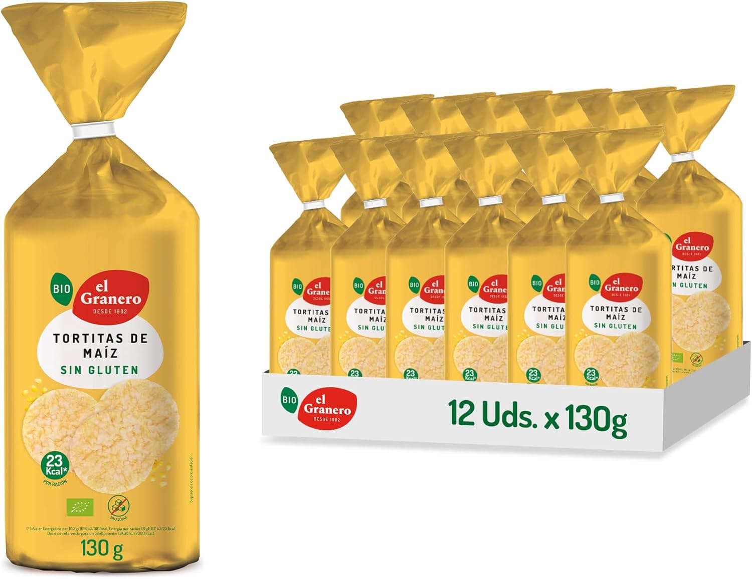 El Granero Integral - Pacote de 12 unidades de 110 g de panquecas ecológicas de milho - 110 g, sem açúcar adicionado e sem glúten - adequadas para veganos, alto conteúdo em hidratos de carbono