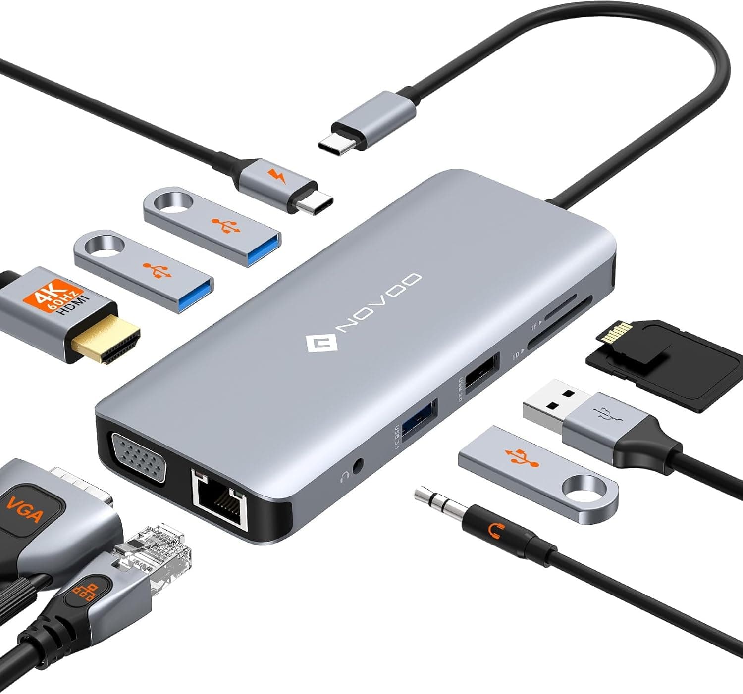 USB C Docking Station, NOVOO 11 em 1 hub USB C adaptador multiporta com 4 K @ 60 Hz HDMI, 4 portas de dados USB-A, SD/TF, ethernet de 1 Gbps, VGA, PD 100 W, 3,5 mm para MacBook, DELL