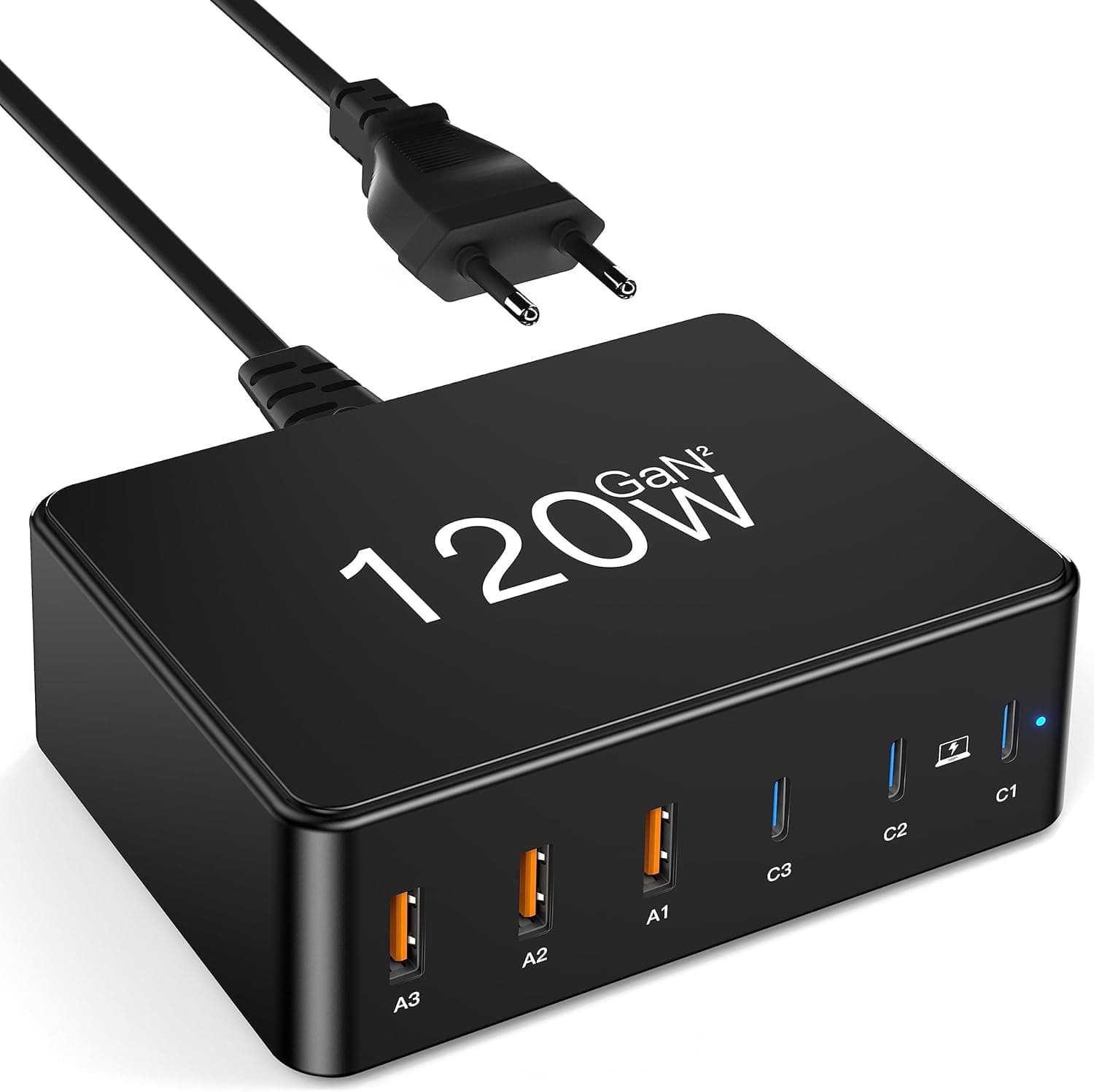 RFNAYK 120 W GaN Station | Estação de carregamento com 6 portas (3× USB‑C + 3× USB‑A) e 65 W PD principal