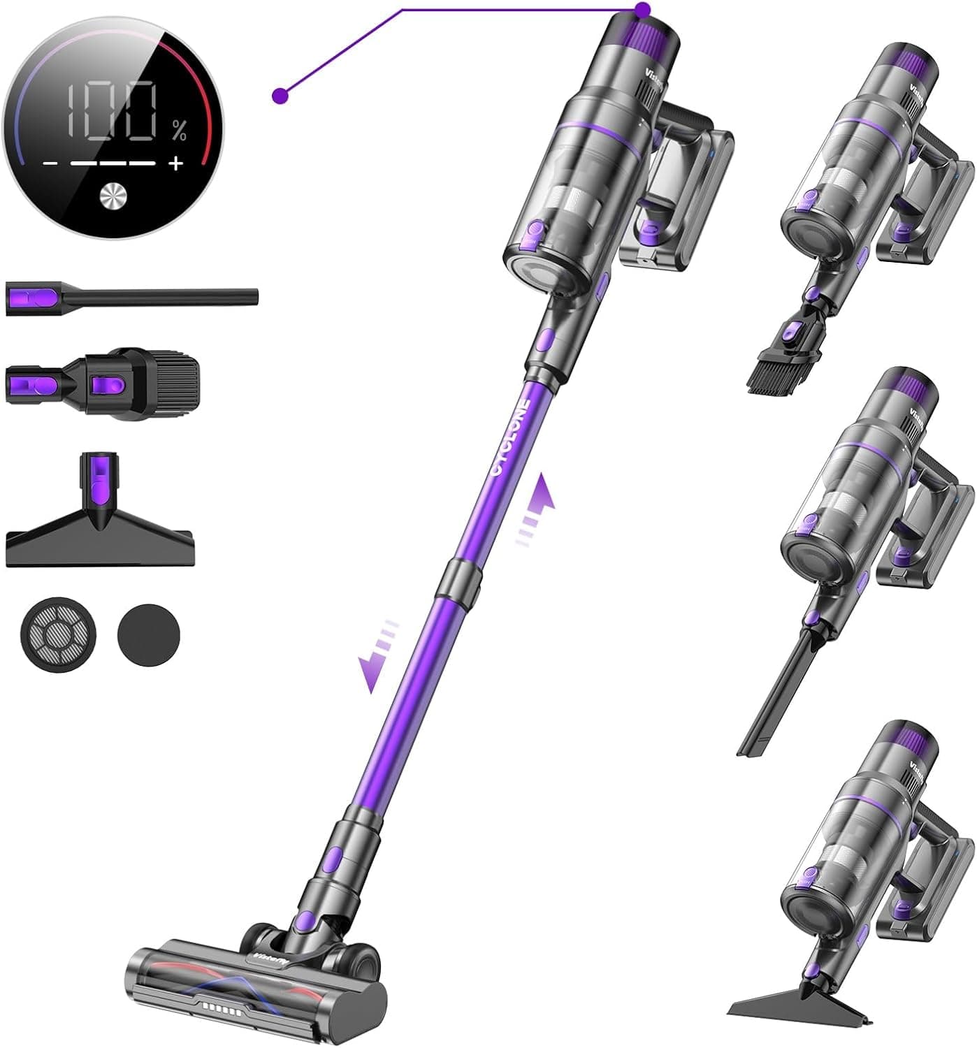 Aspirador sem fio Vistefly V15s MAX, 580W 45Kpa Poderoso aspirador de pó 8 em 1 com tela sensível ao toque, modo automático de autonomia de 70 minutos e sem emaranhados, para tapetes de piso pêlos de animais 