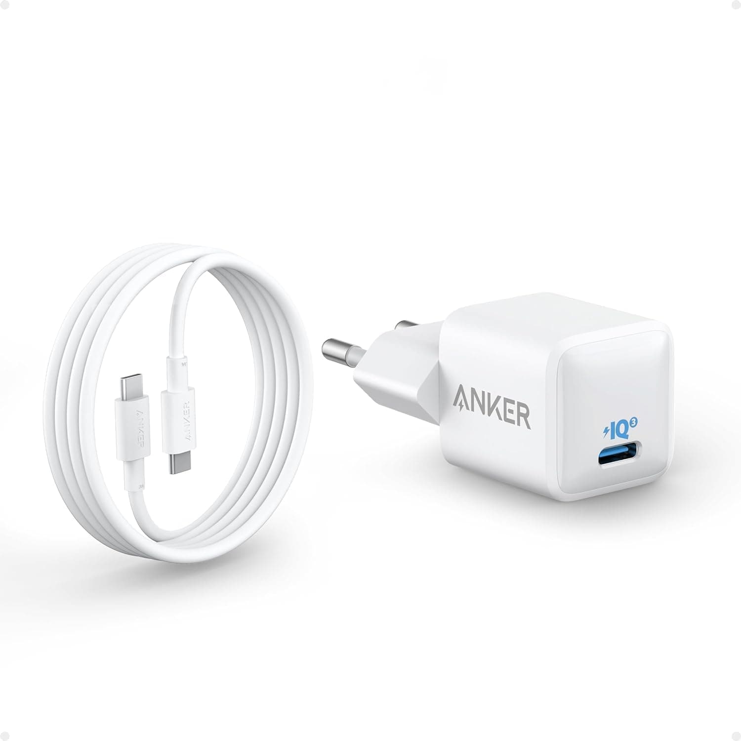 Anker Carregador USB C 20 W, carregador 511 (Nano), carregador rápido compacto e duradouro PIQ 3.0 para iPhone 15/15 Plus/15 Pro/15 Pro Max/iPad Pro/iPad Mini (1 cabo USB C para USB C de 180 cm )