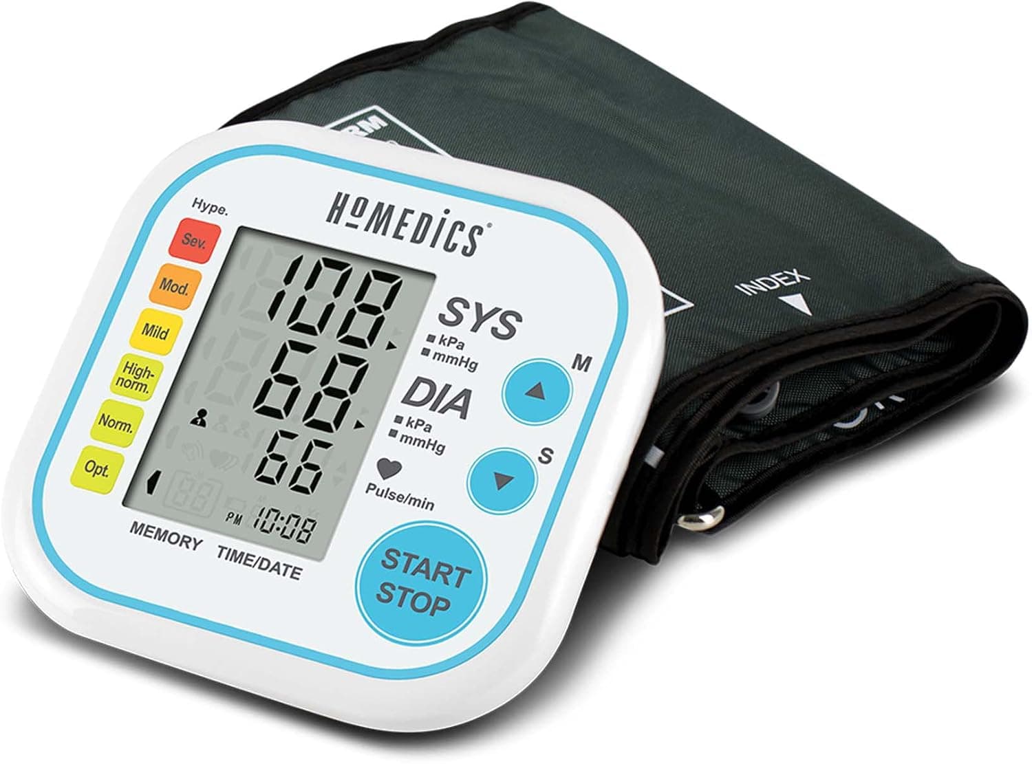 HoMedics Monitor automático de pressão arterial do braço: medição simples de dois botões e ecrã fácil de ler com deteção irregular de batimentos cromáticos e carimbo de data/hora