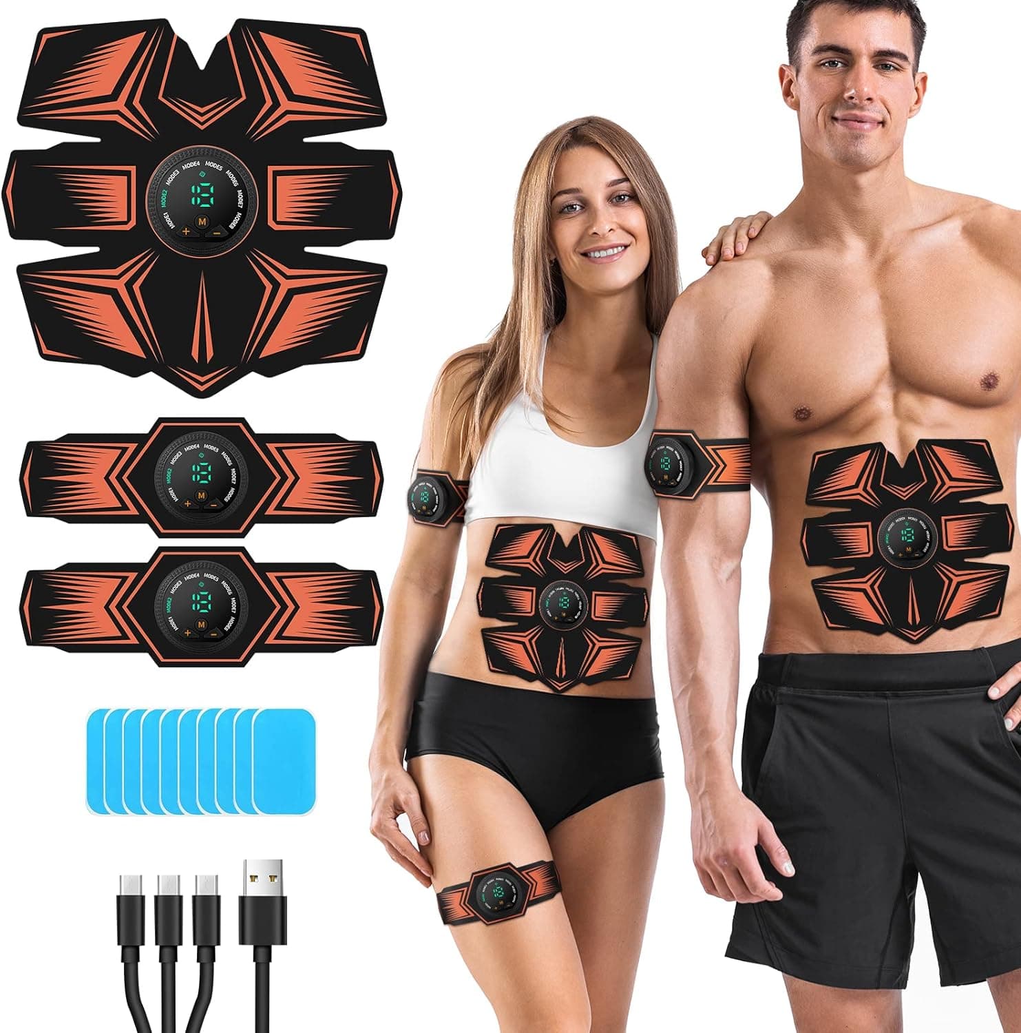 GROSBEAK EMS Eletroestimulador muscular, eletroestimulação abdominal USB, recarregável EMS estimulador elétrico abdominal para homens mulheres, abdômen/braços/pernas, 8 modos e 19 intensidades