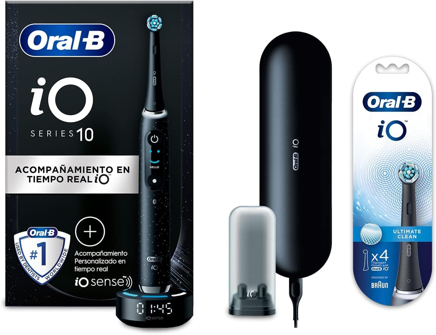 Oral-B iO 10 Escova de dentes elétrica preta, com cabo recarregável, tecnologia iO, com 1 cabeça de substituição, carregador inteligente e 1 estojo de viagem de carregamento 4 cabeças pretas Ultimate