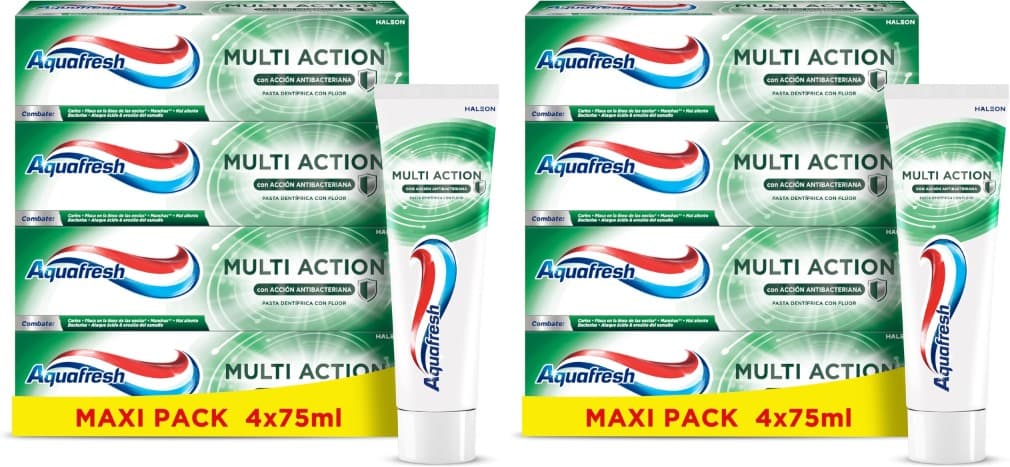 Aquafresh Multi Action pasta de dentes com fluor, combate contra cáries, manchas superficiais e mau hálito, 8 x 75 ml