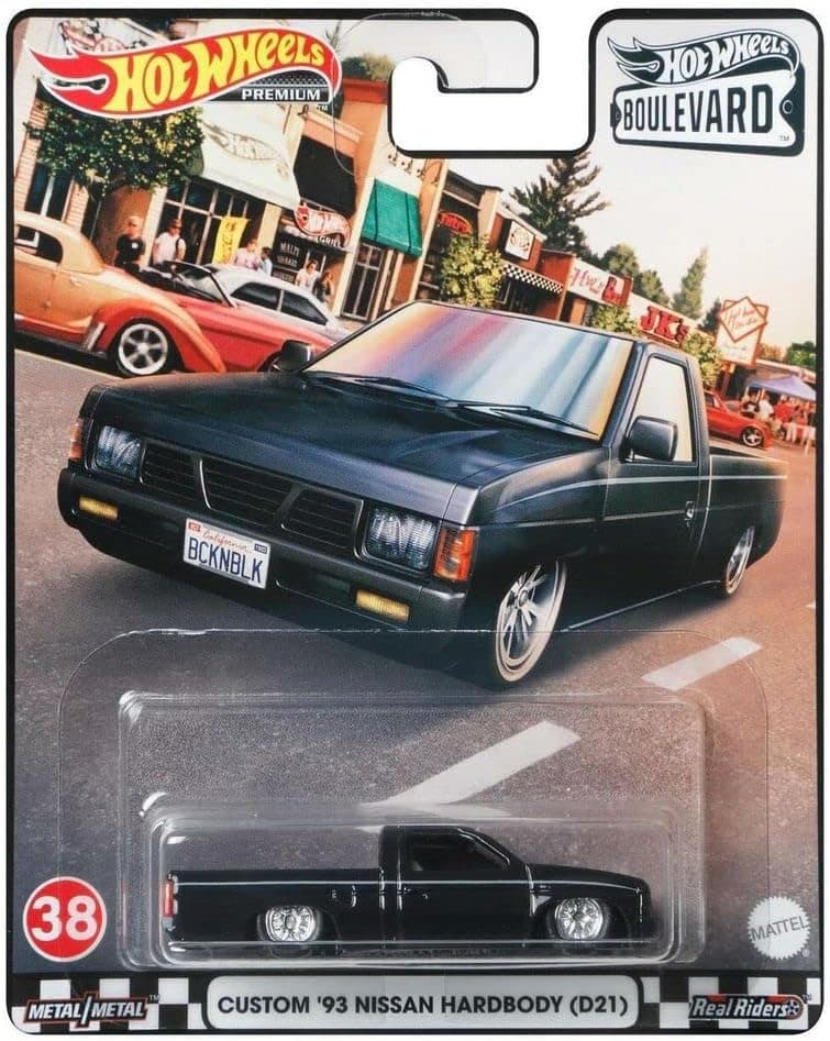 Mattel GRM09 Hot Wheels Premium Real Riders Boulevard Custom 93 Nissan Hardbody (D21) nº 38, modelo de carro de corrida para crianças e colecionadores