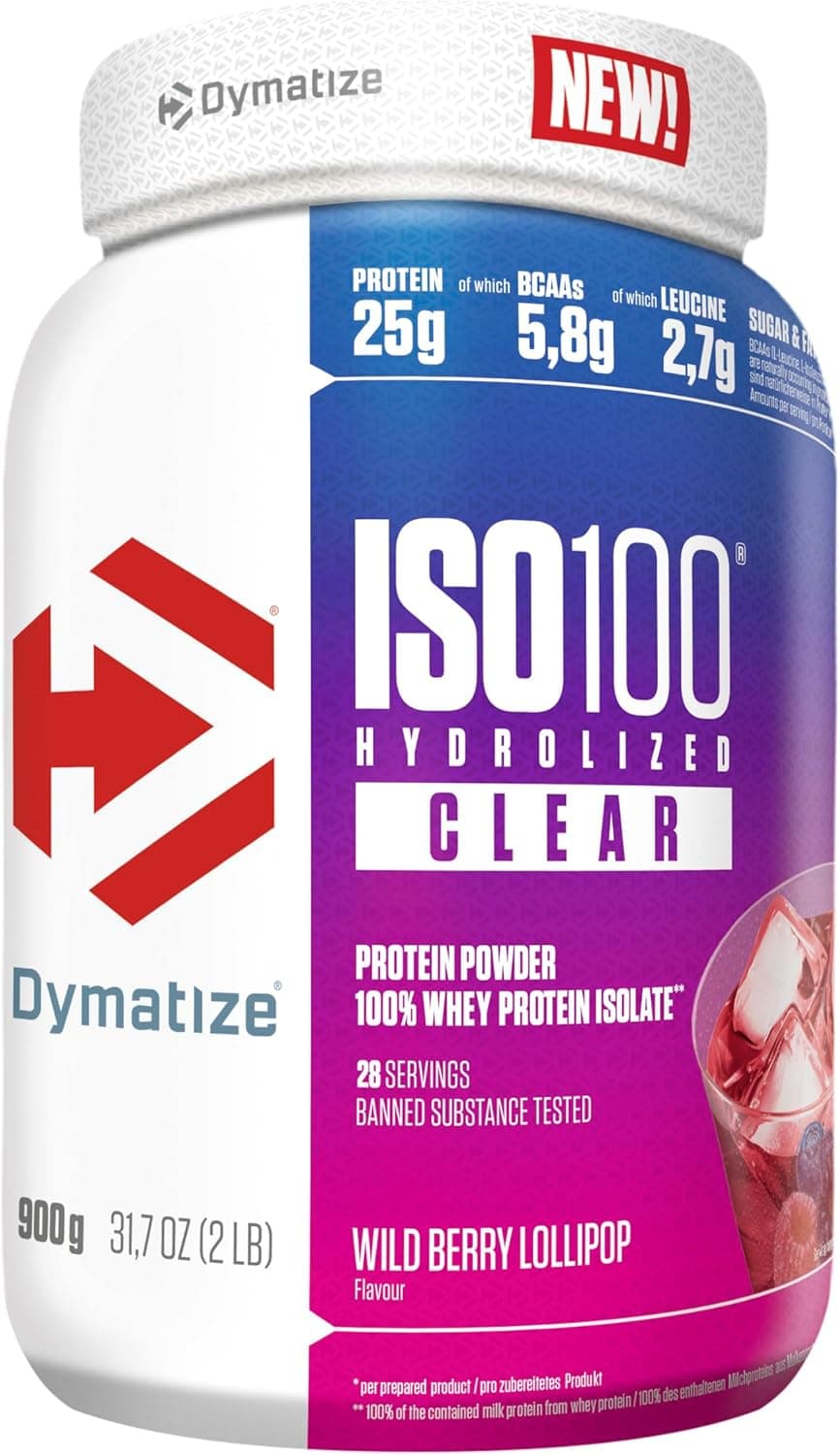 Dymatize ISO 100 Hydrolyzed Clear Wid Berry Lollipop 900 g Hidrolizado de proteína de soro transparente isolado em pó