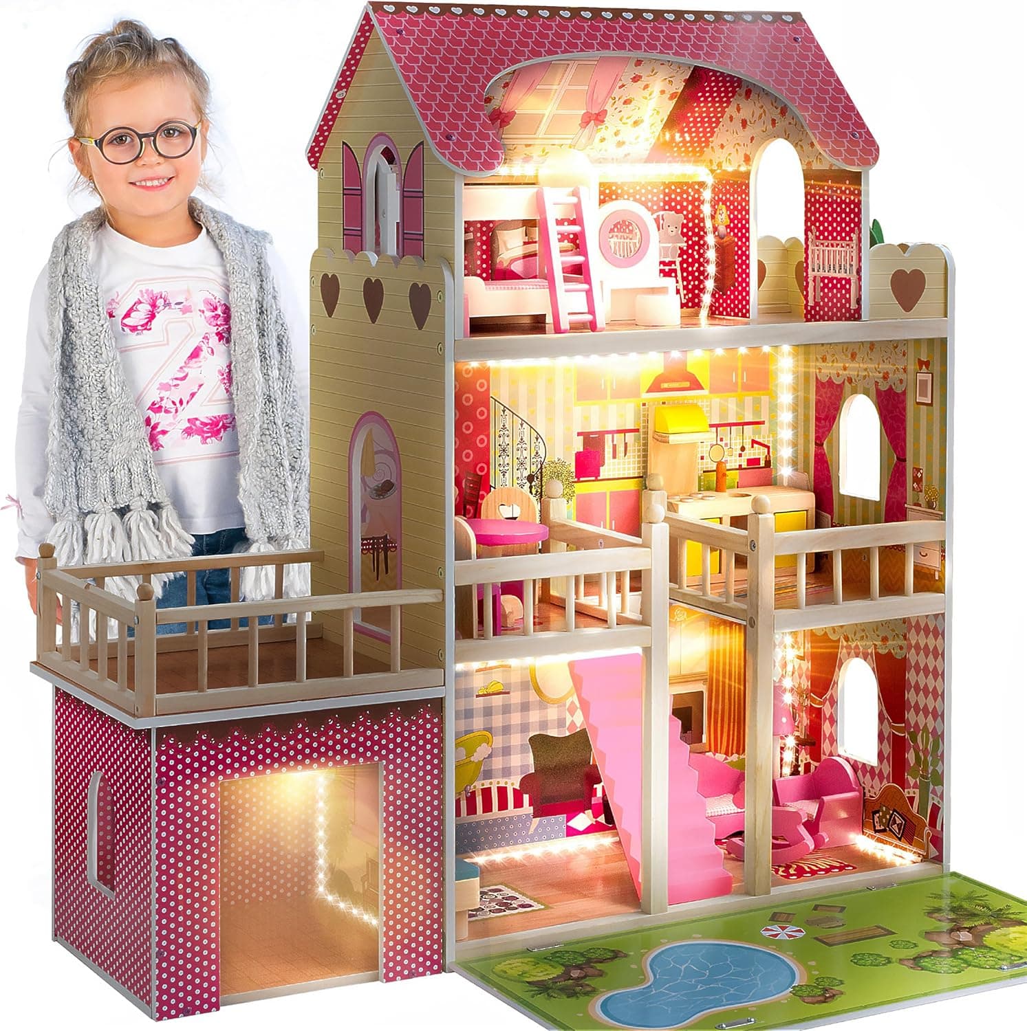 Casa bonecas grande de madeira - casa bonecas para meninas com garagem, iluminação LED, móveis e acessórios, 3 andares, casa de bonecas multicoloridas, casa de bonecas de madeira, GS0020