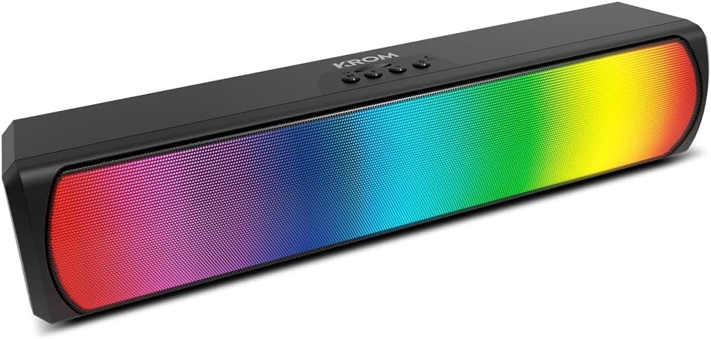 KROM K-Pop Barra de som 2 x 3 RMS, som estéreo, Bluetooth, ranhura para cartão TF, LED RGB, USB, conexão auxiliar 3,5 mm jack, tamanho 280 x 59 x 60 mm, cor preta