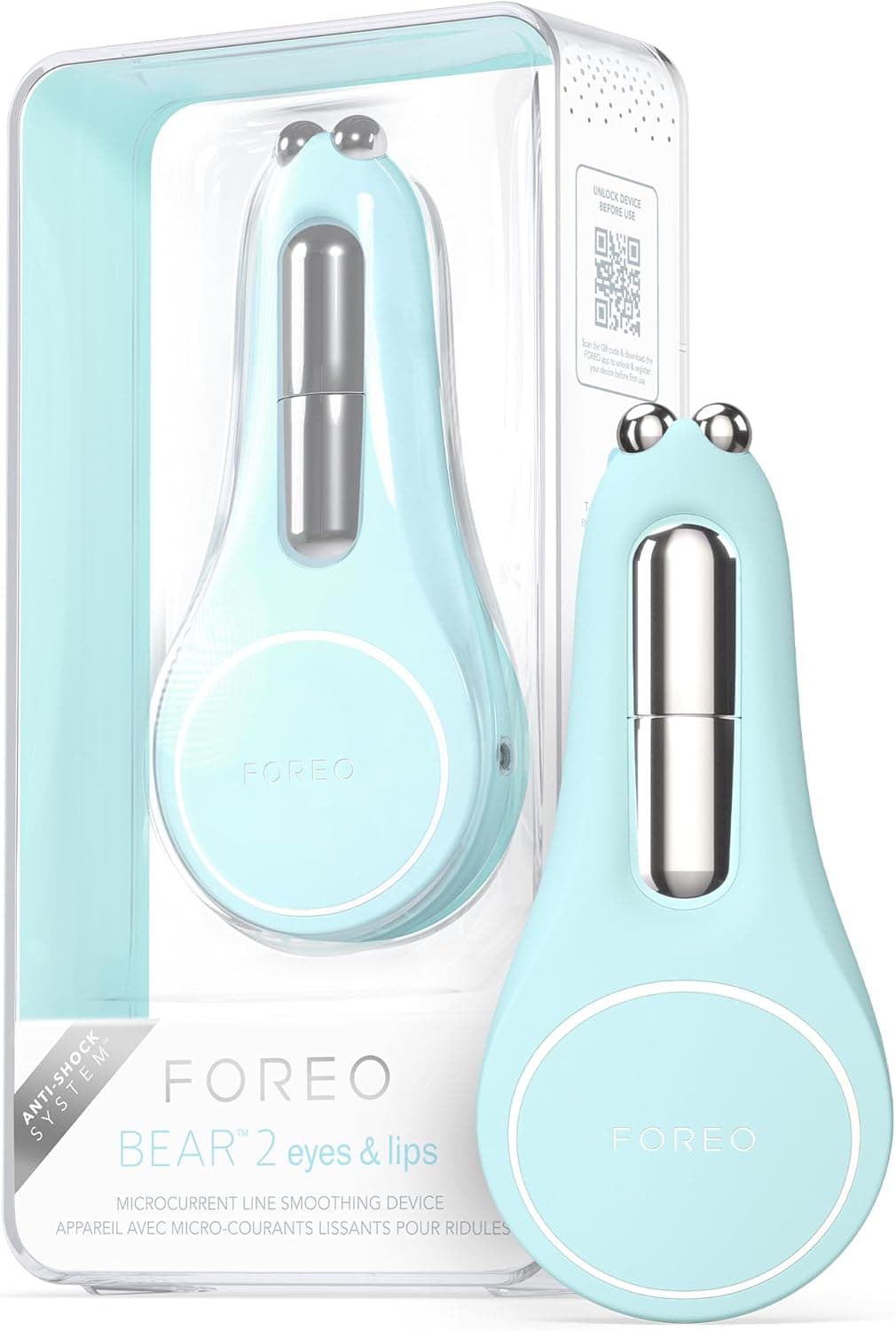 FOREO BEAR 2 eyes & lips, dispositivo rejuvenescedor de microcorrentes, levantamento facial imediato, massajador de olhos, tratamento anti-olheiras, azul ártico