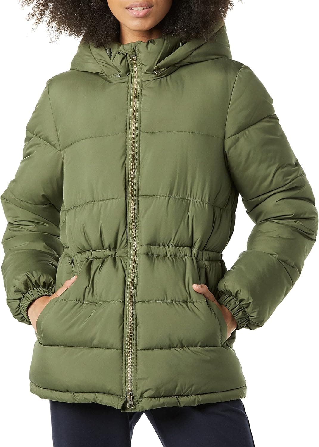 Amazon Essentials Casaco de inverno acolchoado e resistente com capuz e cintura ajustável para mulher