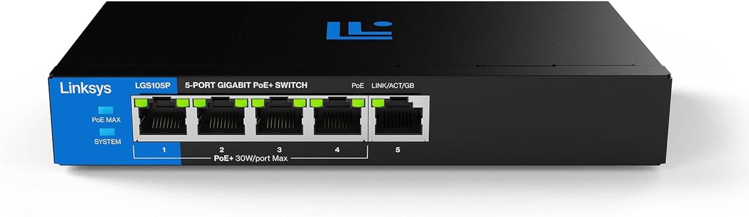Linksys LGS105 | Switch de rede gigabit com 5 portas PoE+ e design sem ventoinha