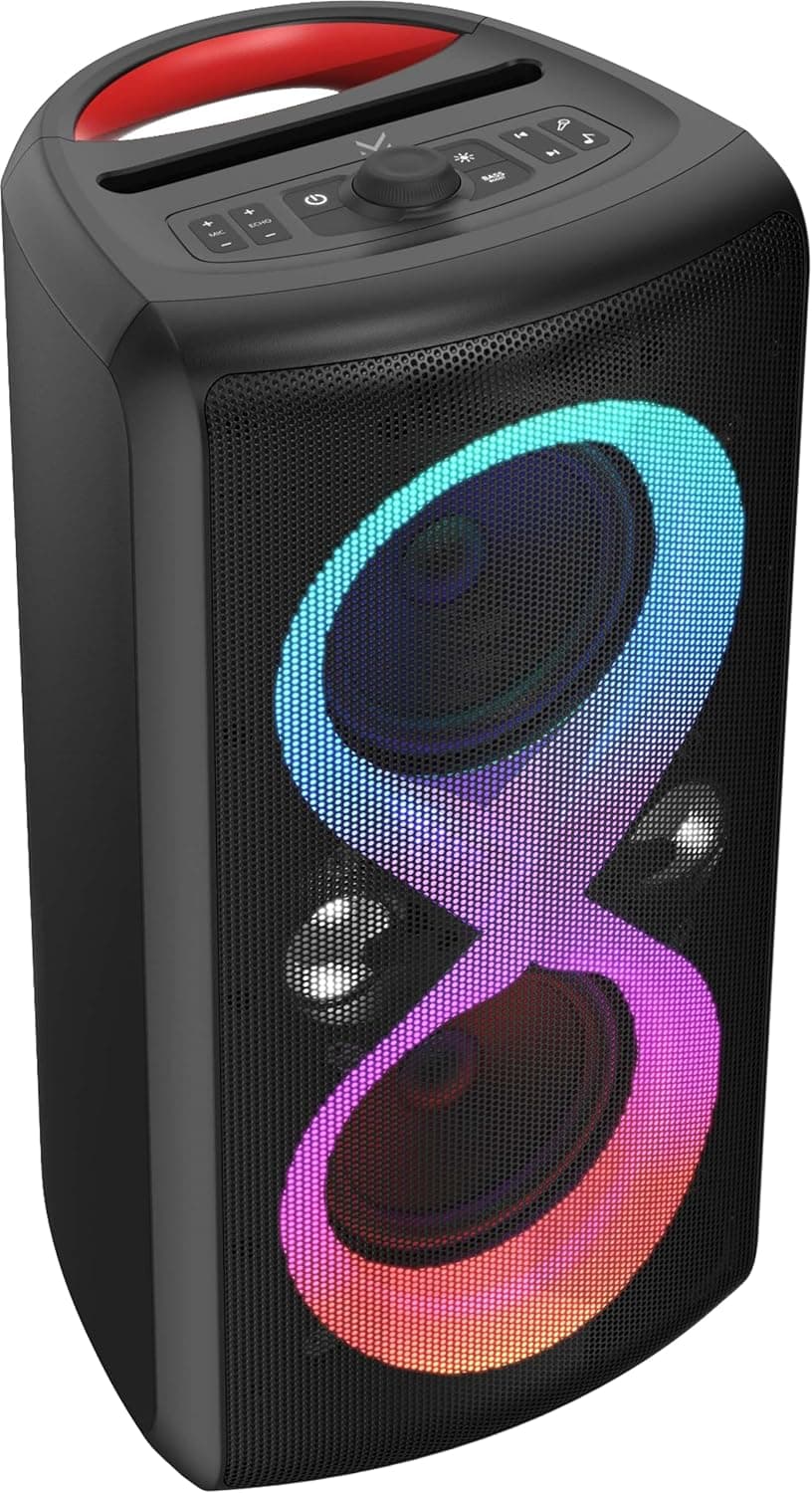 Majestic Fire 90 - Coluna sem fios áudio 5.3, luzes LED 7 efeitos, entradas USB/Micro SD/AUX/Mic/guitarra, monitor de saída, função Karaoke, bateria recarregável, pega de transporte