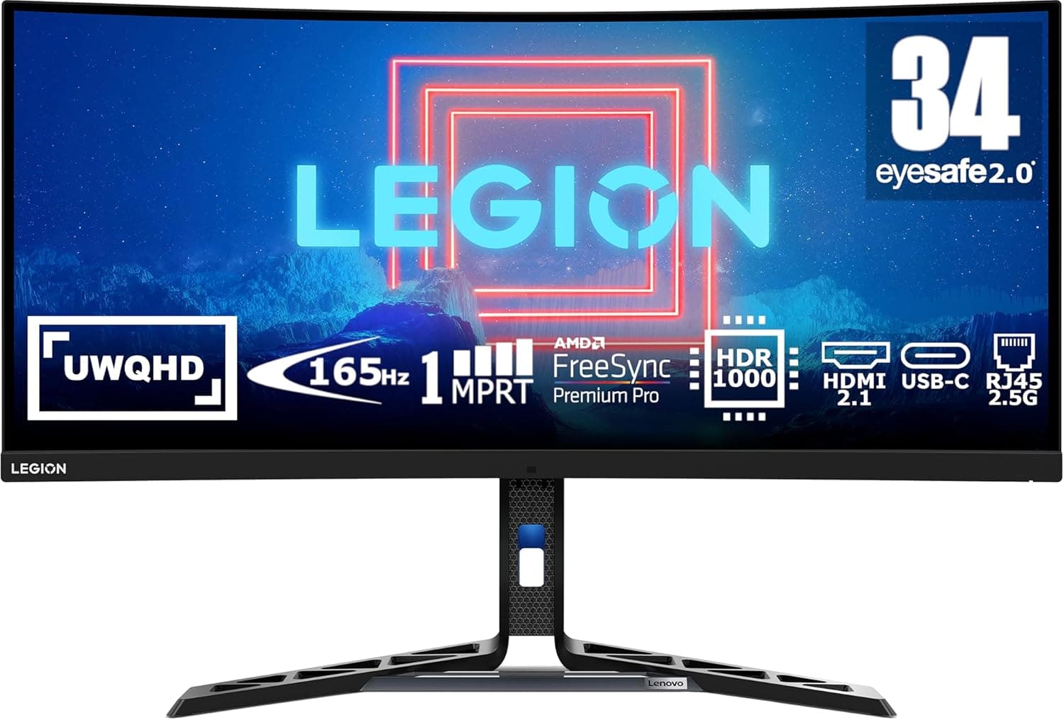 Lenovo Legion Y34wz-30 Monitor curvo de 34" UWQHD com EyeSafe (VA, 165Hz, 1 ms, HDMI+DP+USB-C, FreeSync Premium Pro, altifalantes) ajuste de inclinação/altura / rotação - preto