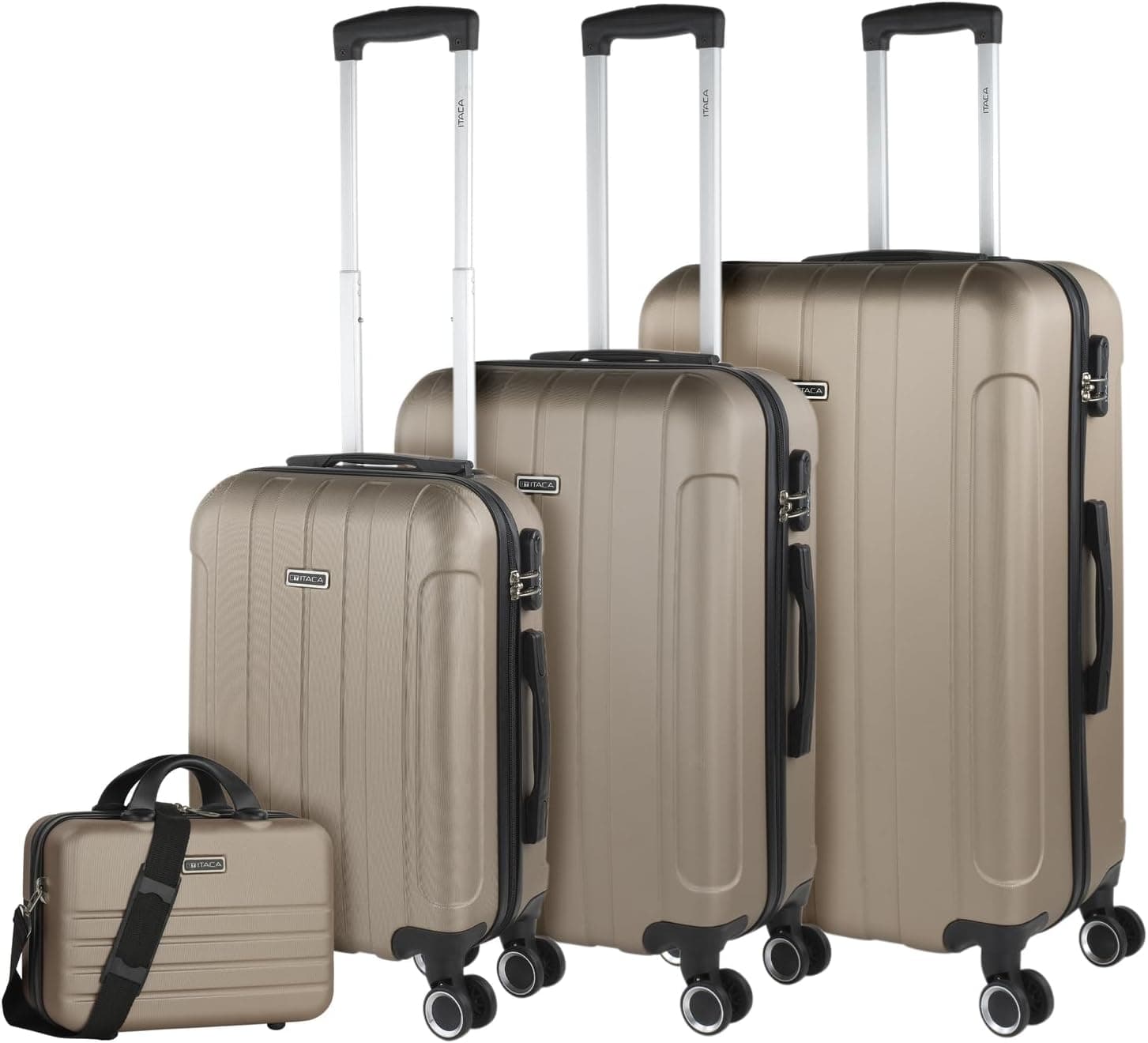 ITACA - Malas de viagem rígidas ABS - mala de viagem cabine, mala média e mala grande - pega telescópica, 4 rodas giratórias e cadeado de combinação, Champanhe, Conjunto de malas