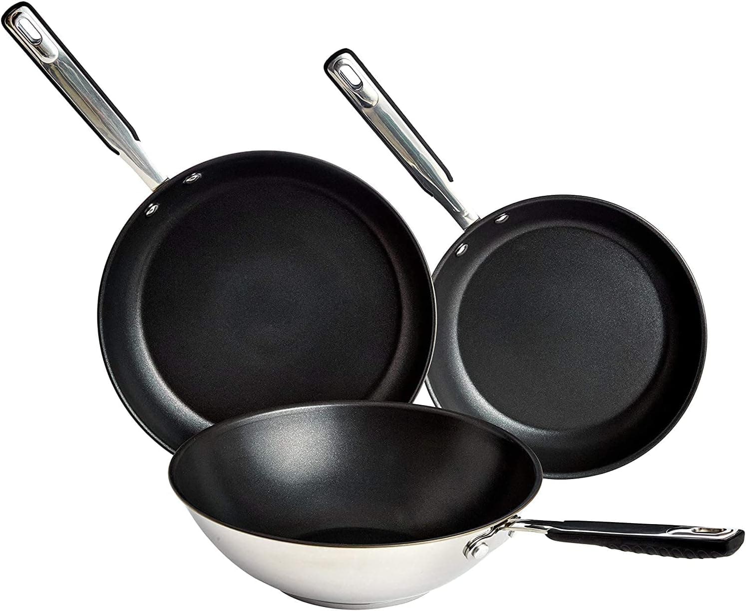 Amazon Basics | Conjunto de 3 frigideiras e wok antiaderentes em aço inoxidável para indução 24 28 cm
