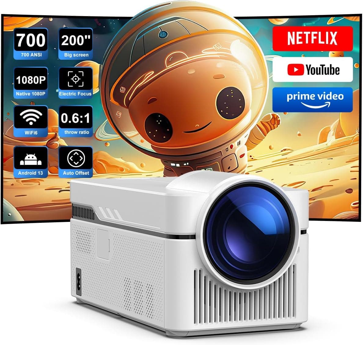Projetor inteligente Android 13 com aplicações oficiais de TV, HY450NTV Projetor Full HD 1080P nativo 700ANSI auto-deslocamento 5GWifi foco eletrónico para cinema em casa