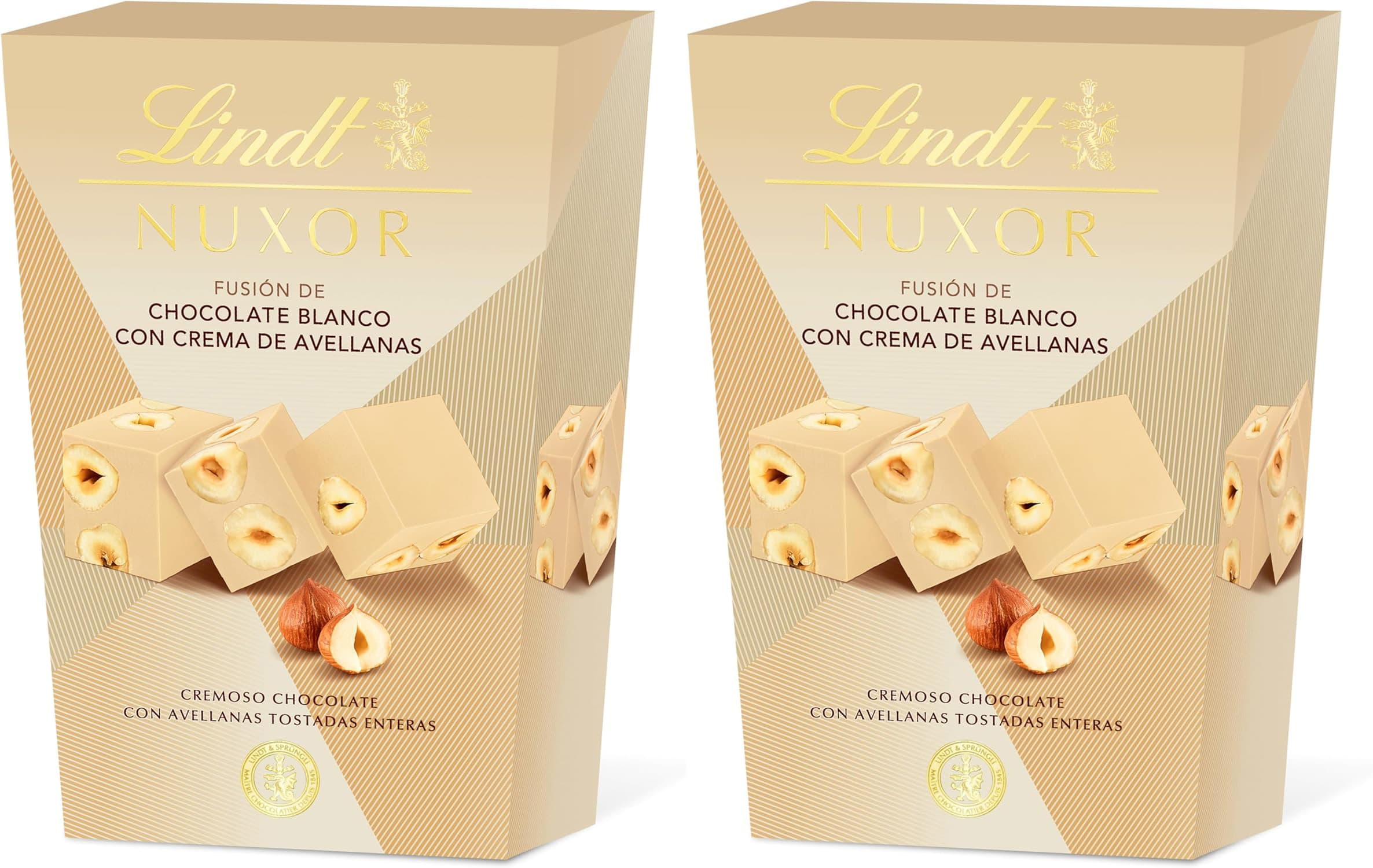 Lindt Nuxor bombons chocolate branco com avelãs, bombons Lindt, saco de bombonas, cremoso, crocante, para oferecer, chocolate com frutos secos, 150 g x 2