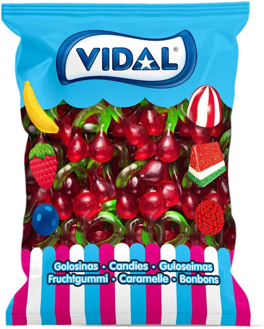 Vidal Golosinas. Cerejas gigantes. Golosina sabor cereja e cor vermelha e verde. Saco de 1 kg