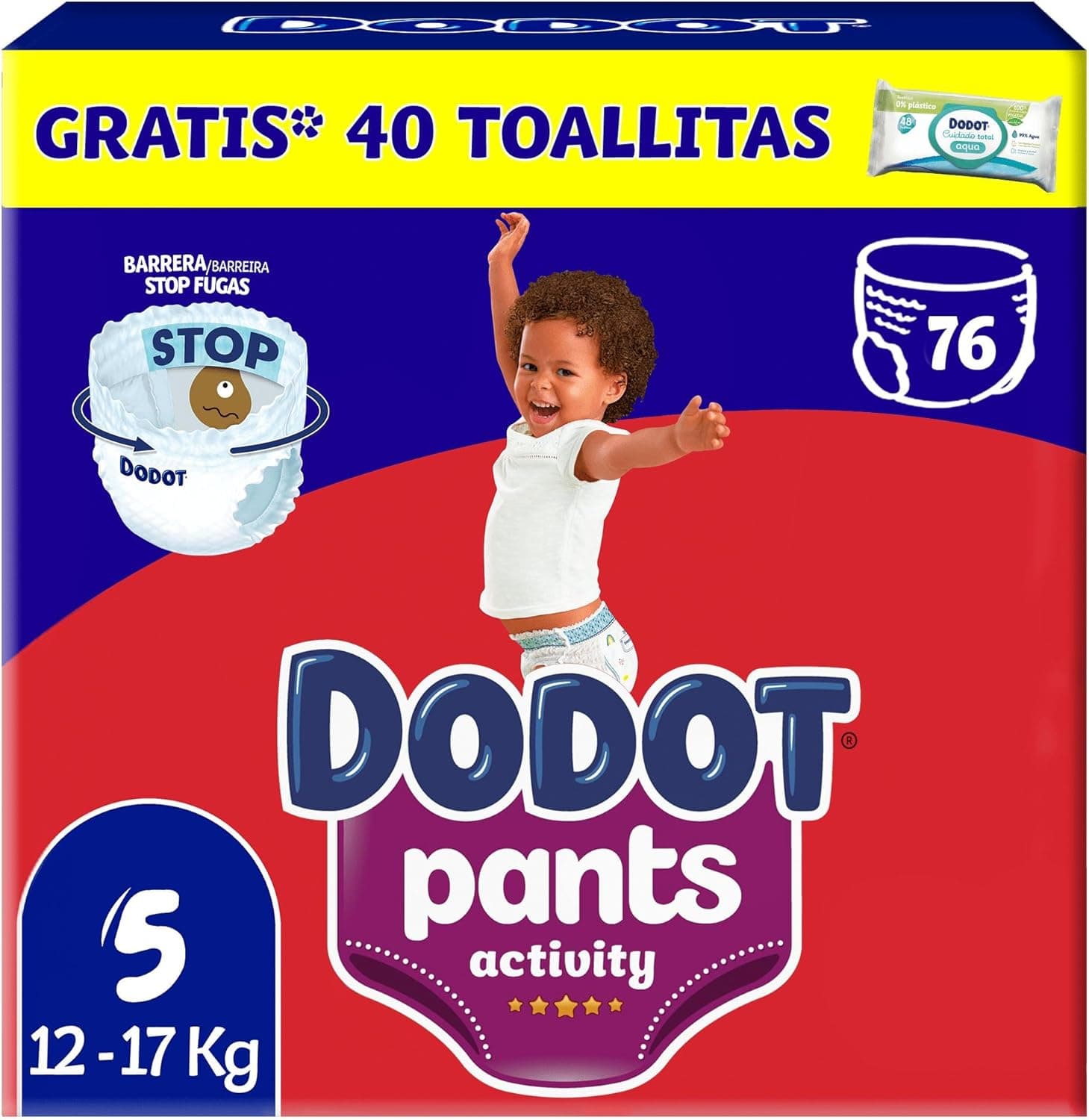 Dodot Activity Pants Fralda-cuecas tamanho 5, 76 fraldas, 12 kg - 17 kg, com barreira STOP fugas que ajuda a evitar fugas traseiras