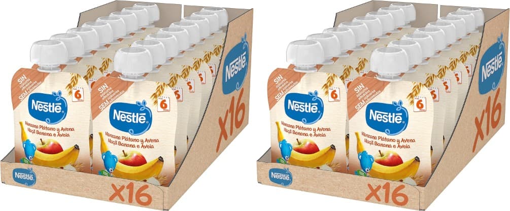 Nestlé | Puré de fruta e cereais maçã banana e aveia para bebés a partir dos 6 meses, 16 saquetas de 90 g