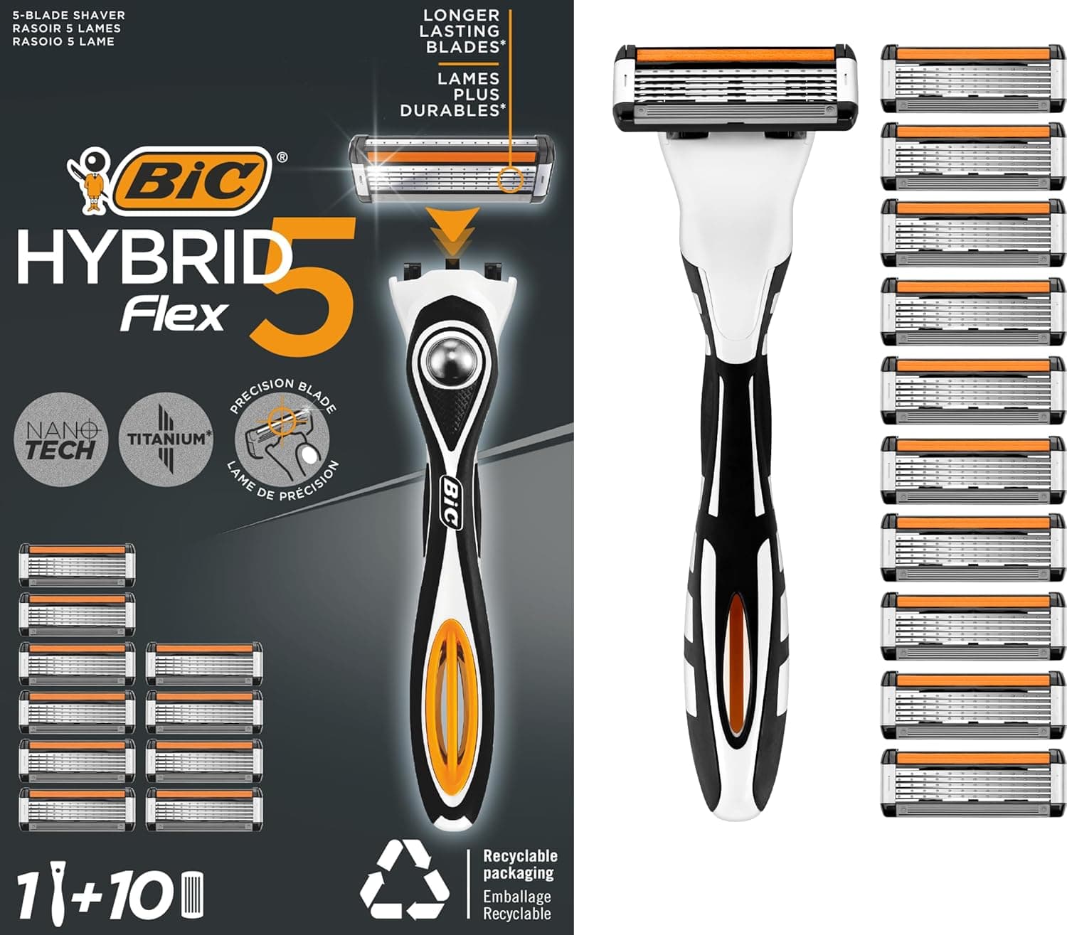 BIC Hybrid 5 Flex | Máquina de barbear recarregável para homem com 1 cabo e 10 lâminas de reposição