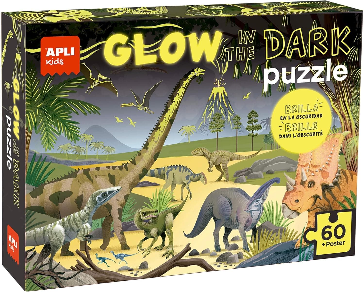 APLI Kids 19435 - Puzzle fluorescente Glow in the Dark - modelo dinossauros, puzzle com efeito néon, brilha no escuro, 60 peças tamanho 6 x 6 cm