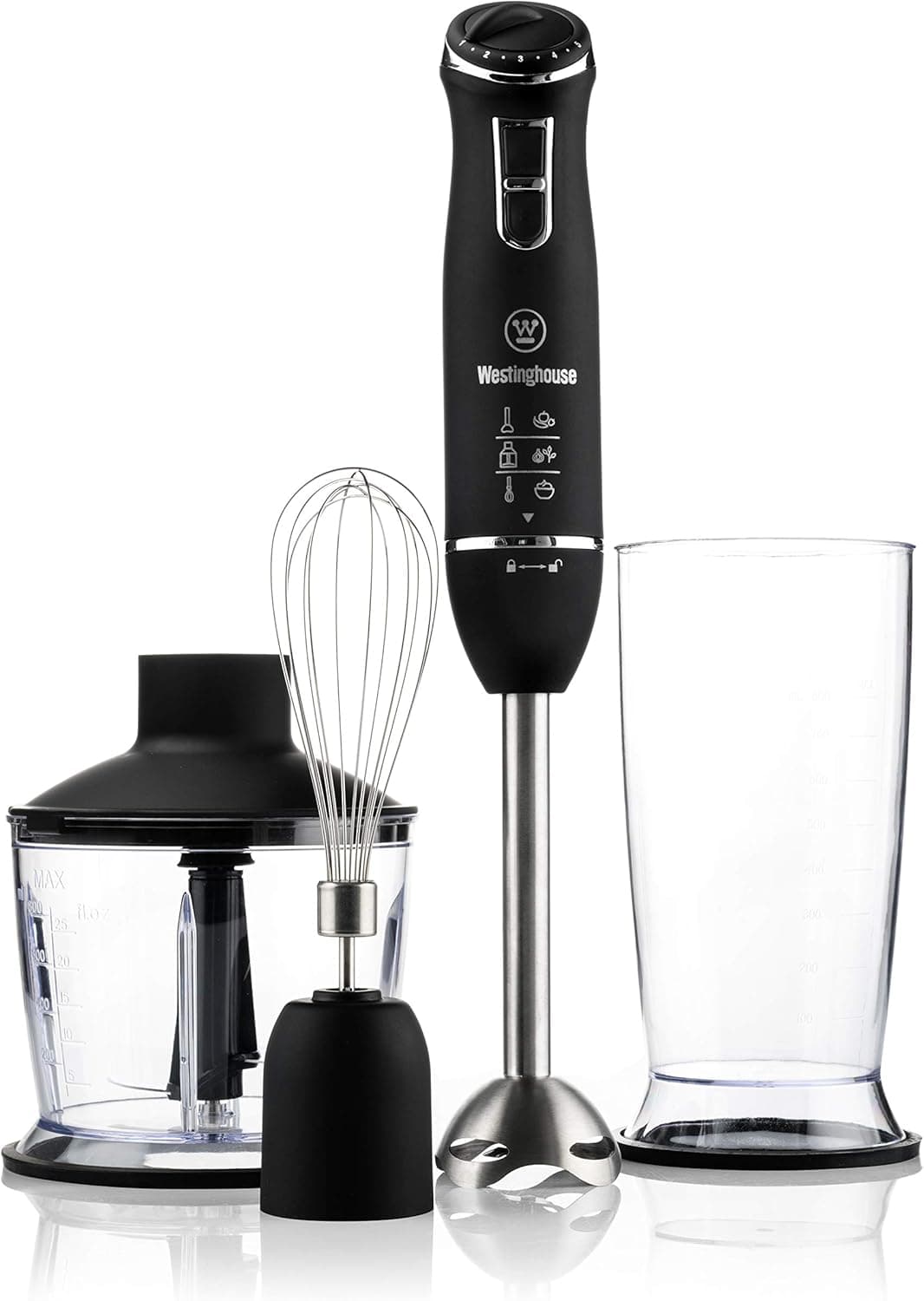 Liquidificadora manual 3 em 1 Westinghouse WKHB1518BK, com configurações de velocidade, batedor, tigela picadora, caneca, ergonómica e com acabamentos em aço inoxidável