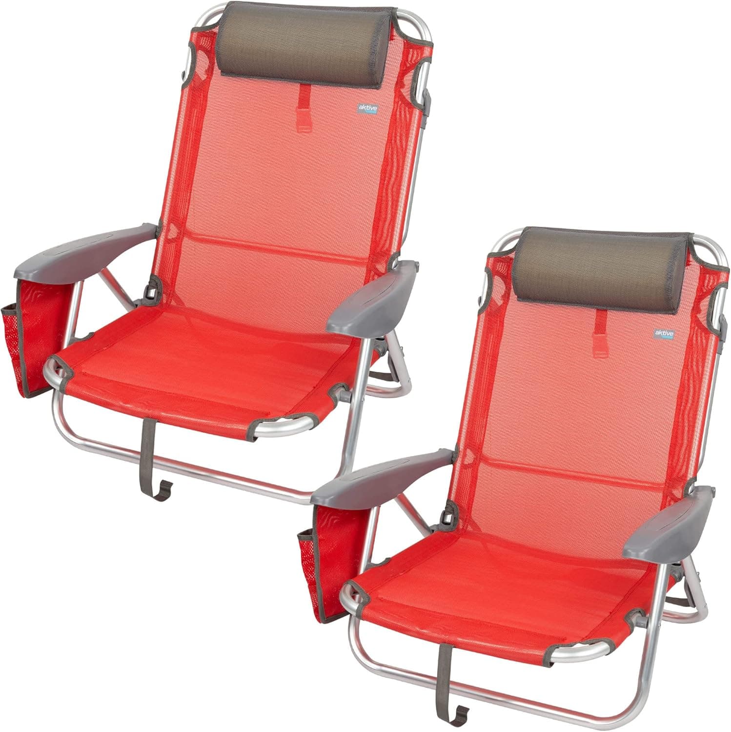 AKTIVE Pacote de 2 cadeiras dobráveis multiposições para praia, jardim, terraço ou campismo vermelho, medidas 51 x 45 x 76 cm, 4 posições, com almofada na cabeceira, inclui alça de transporte (62261)