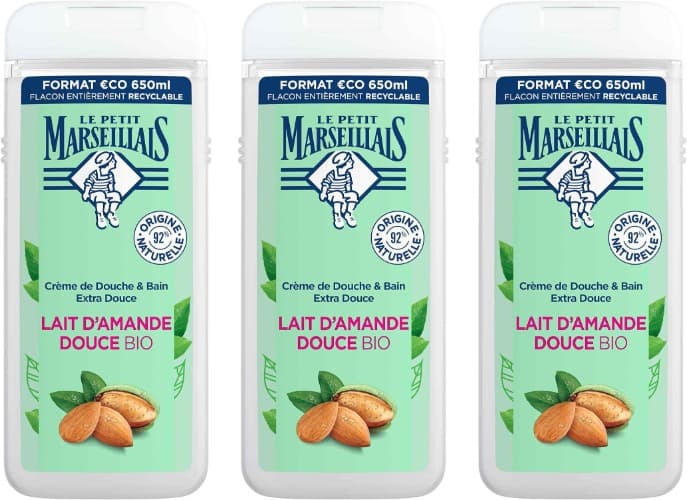 Le Petit Marseillais | Gel de duche suave com leite de amêndoas bio para pele sensível, 650 ml x 3
