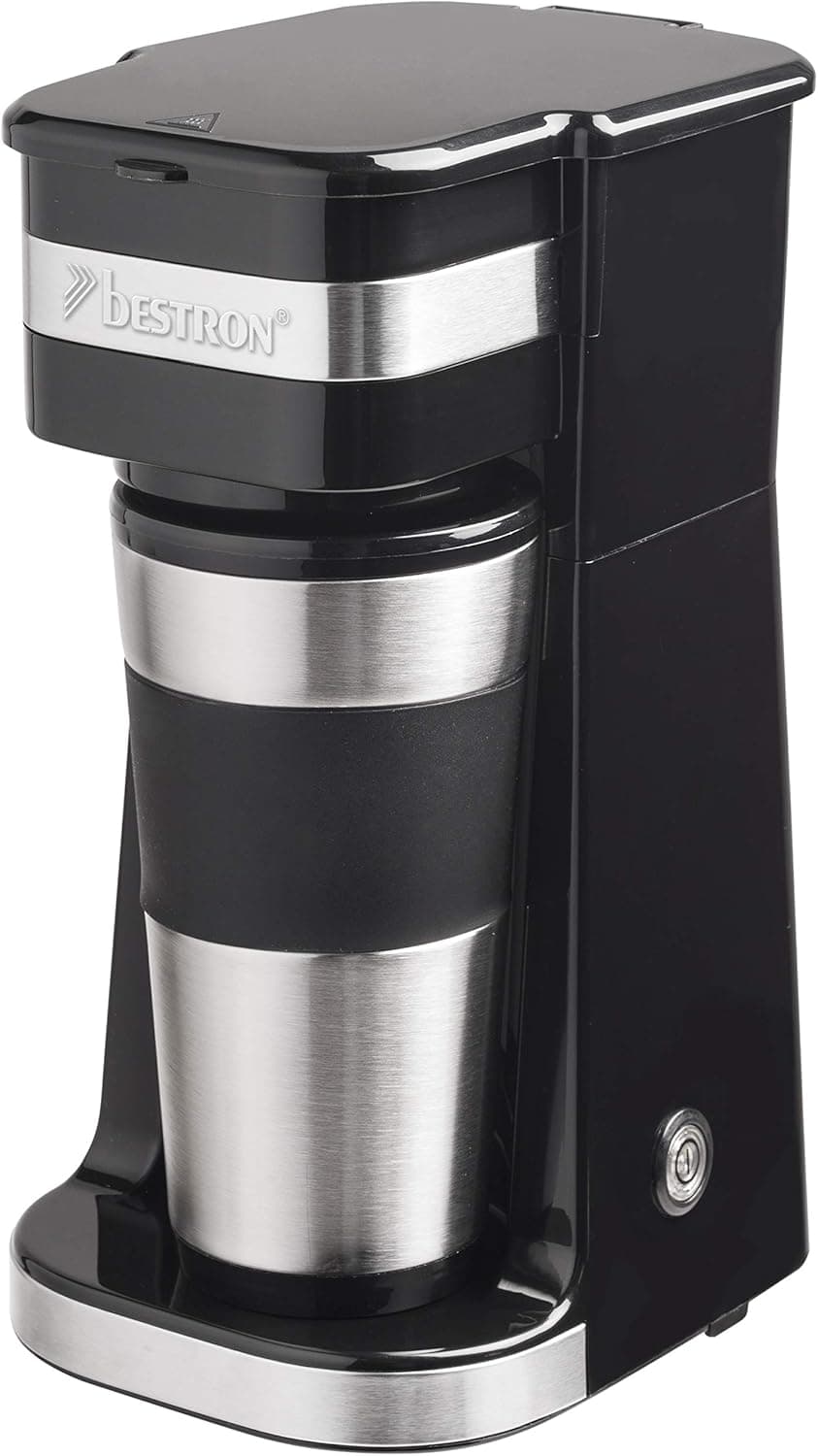 Bestron Máquina de café, cafeteira com copo isolado, para filtro de café moído, 2 chávenas grandes, 750 watts, aço inoxidável, 0,42 litros, cor: preto
