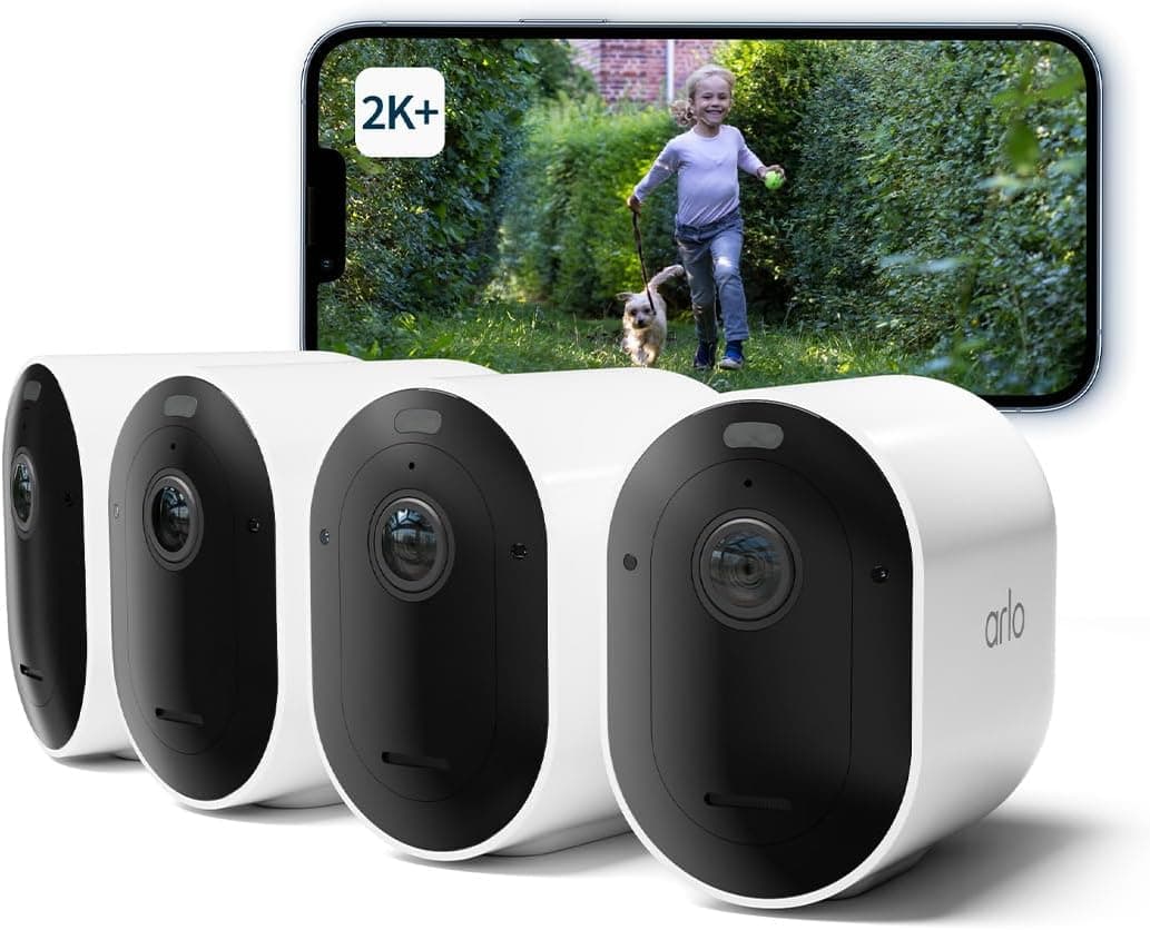 Arlo Pro 5 2K+ | Pack de 4 câmaras de vigilância Wi-Fi 2K para interior e exterior com sensor de movimento e visão noturna a cores