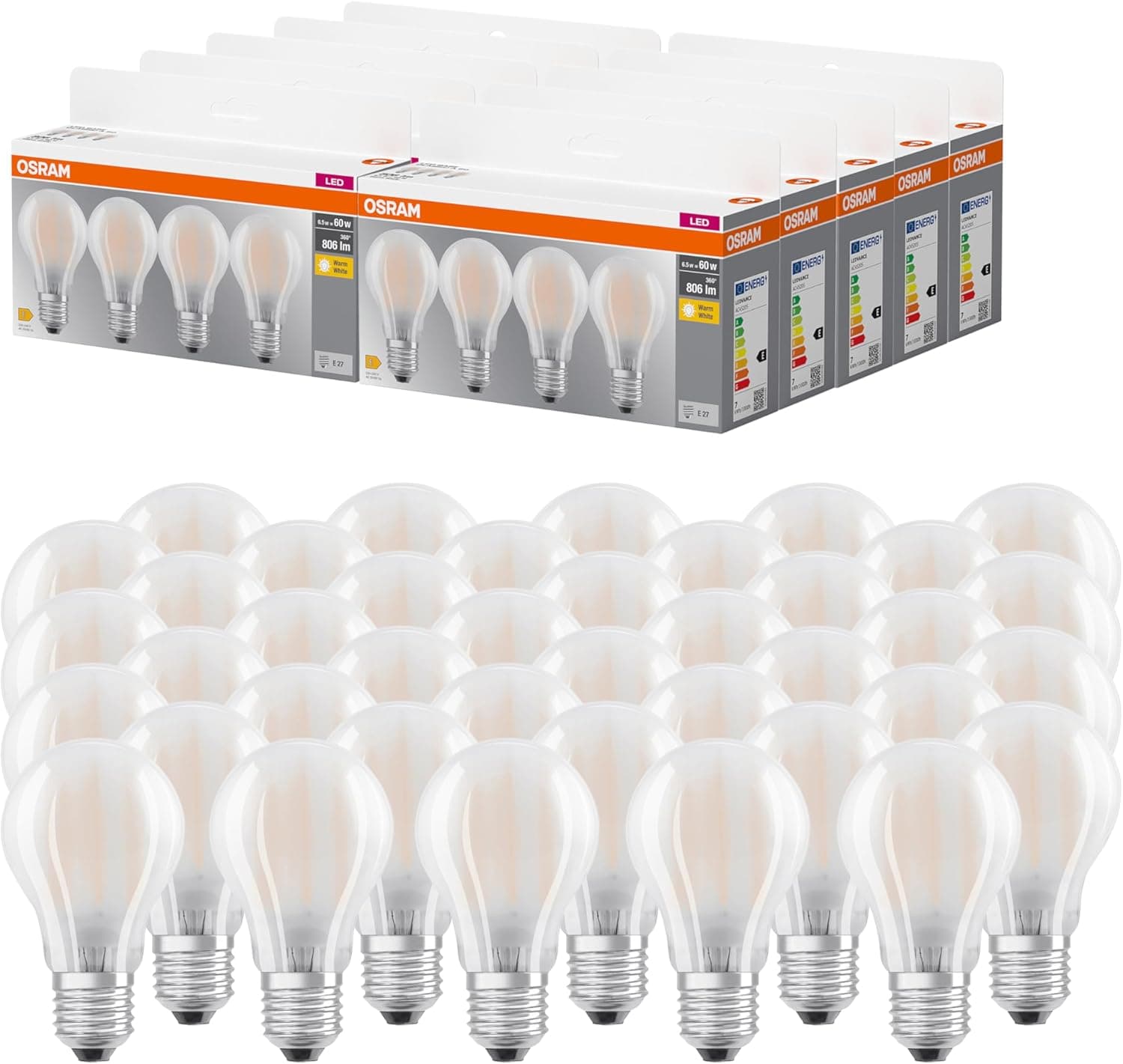 OSRAM LED BASE A60, embalagem de 40 lâmpadas, substitui lâmpadas incandescentes tradicionais de 60 W, 6,5 W, branco quente (2700 K), vidro mate, não regulável, forma de lâmpada, E27