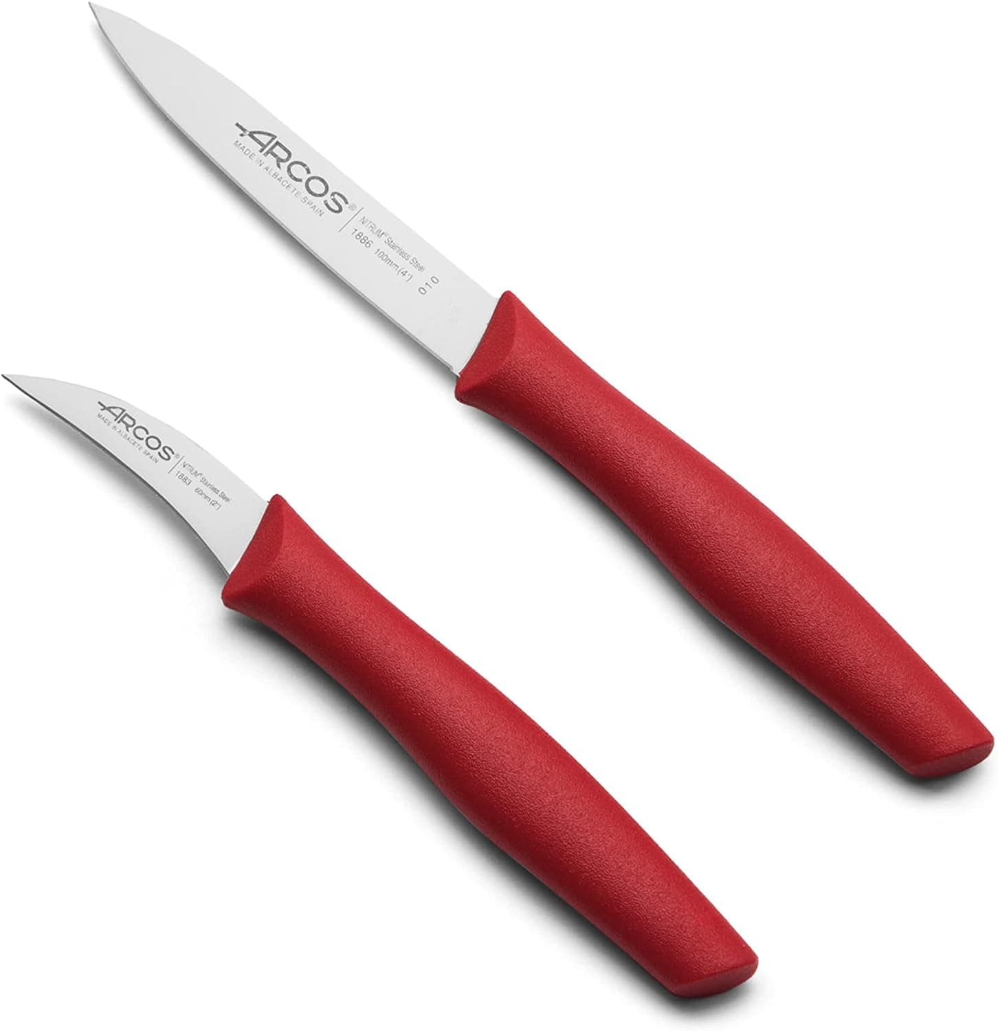 Arcos Conjunto 2 facas de descascamento ARCOS. 2 facas descascadas em aço inoxidável e cabo ergonómico polipropileno para cortar frutas, legumes e tubérculos. Série nova. Cor vermelha