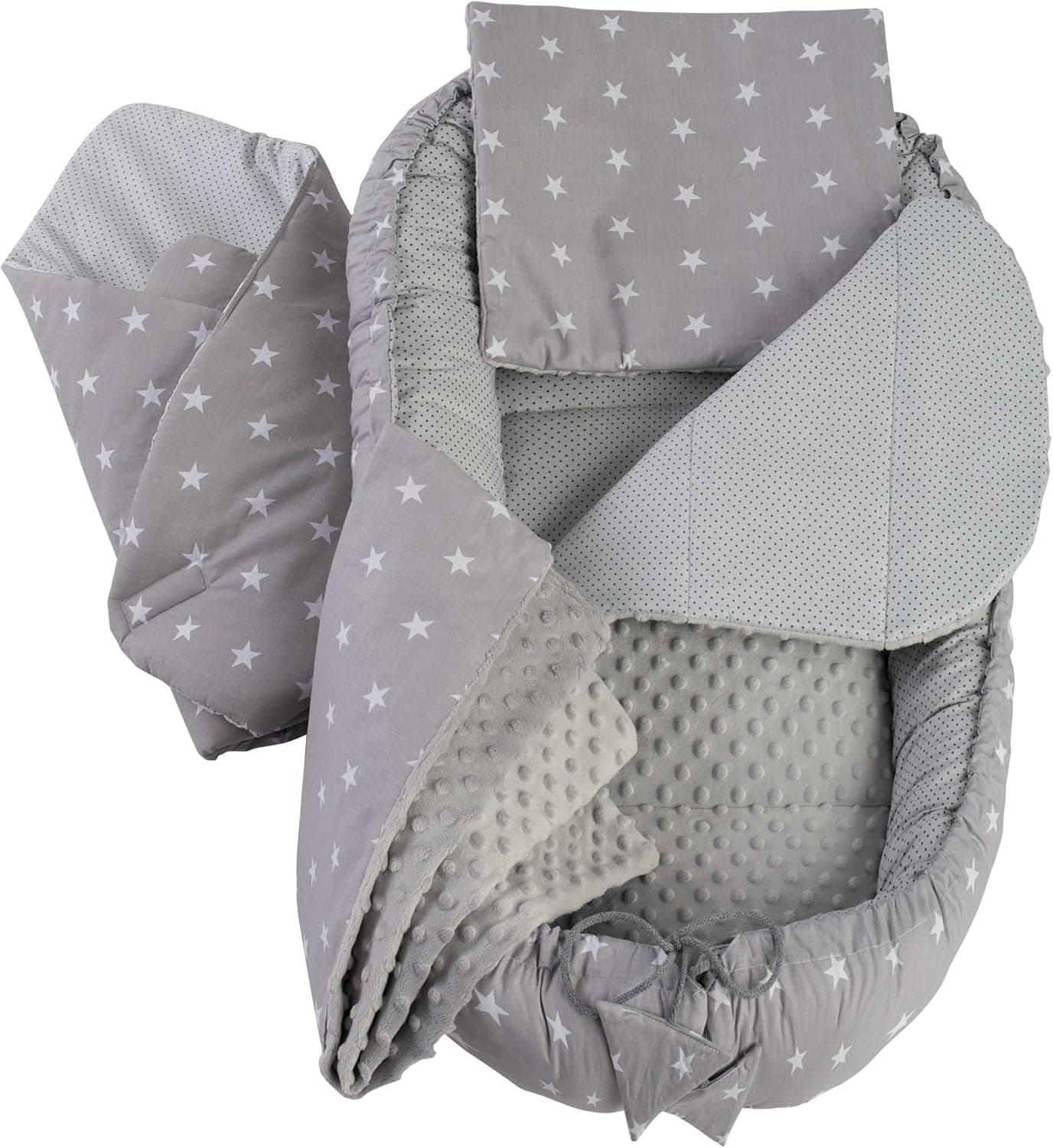 Medi Partners Conjunto de 5 peças ninho bebé recém-100 x 60 x 15 cm palmilha removível berço ninho para bebés redutor de berço 100 % algodão (Estrelas com cinzento Minky)