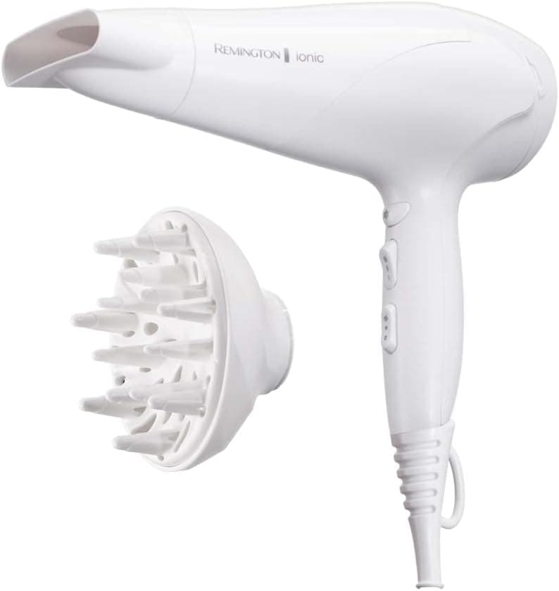 Remington Secador de cabelo Ionic Dry 2200, íónico, cabelo sem crespamento, 2200 W, concentrador e difusor de 3 temperaturas, 2 velocidades, grade traseira removível, gancho, branco, D3199
