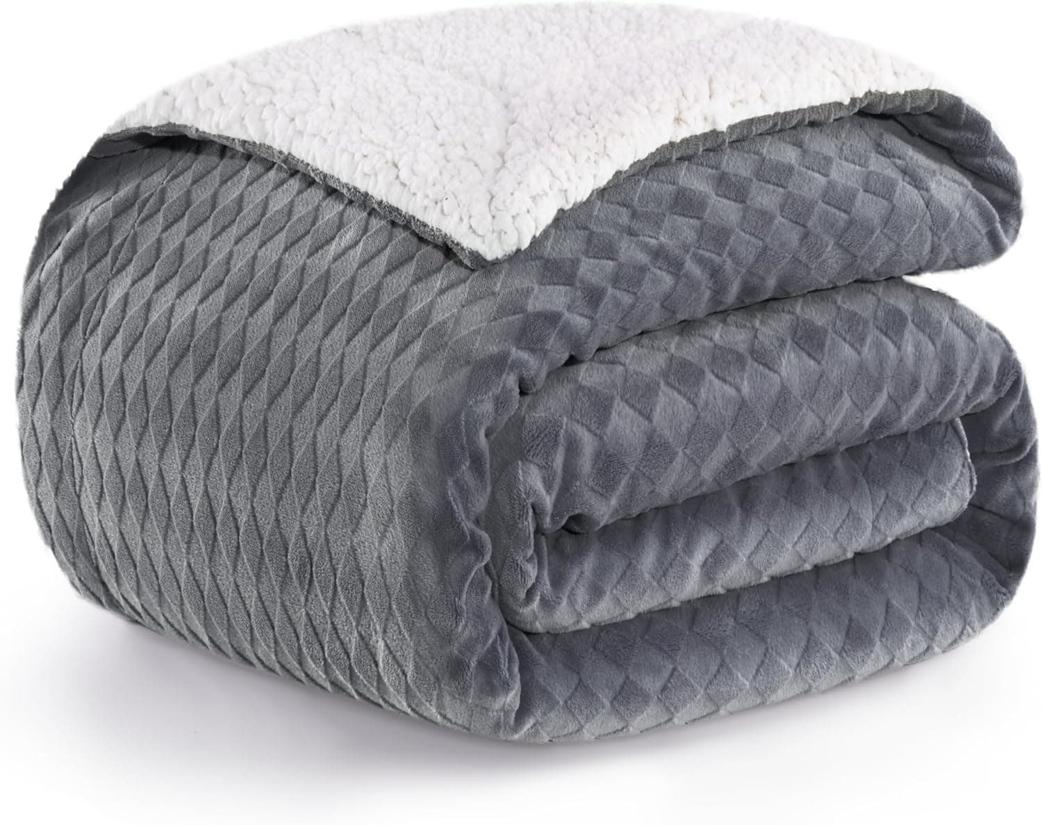PanxHome Manta Sherpa 160 x 200 cm, veludo de leite com jacquard em forma de rombico, 470 GSM quentes e confortáveis, decorativa para cadeira, sofá, cama, antiestática, cinzento