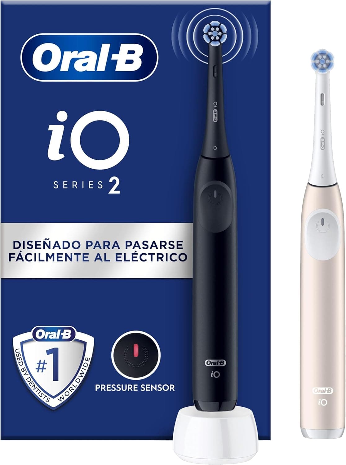Oral-B iO 2 Pack de 2 escovas de dentes elétricas preto noite e rosa suave, 2 cabeças, 3 modos de escovagem, sensor de pressão e temporizador, desenhado por Braun