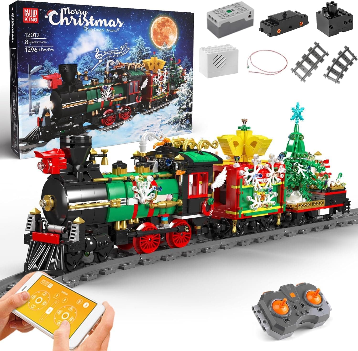 Mould King 12012 Blocos de construção de Natal, 1296 peças comboio de Natal elétrico luz LED locomotiva a vapor conjunto modelo kit de construção, brinquedos para crianças