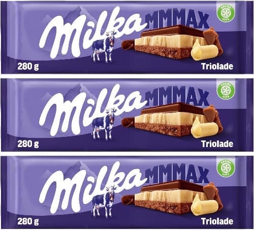 Milka MMMAX Triolade Tablet grande de 3 chocolate: Branco, chocolate com leite dos Alpes e chocolate com extra de cacau 280 g x3