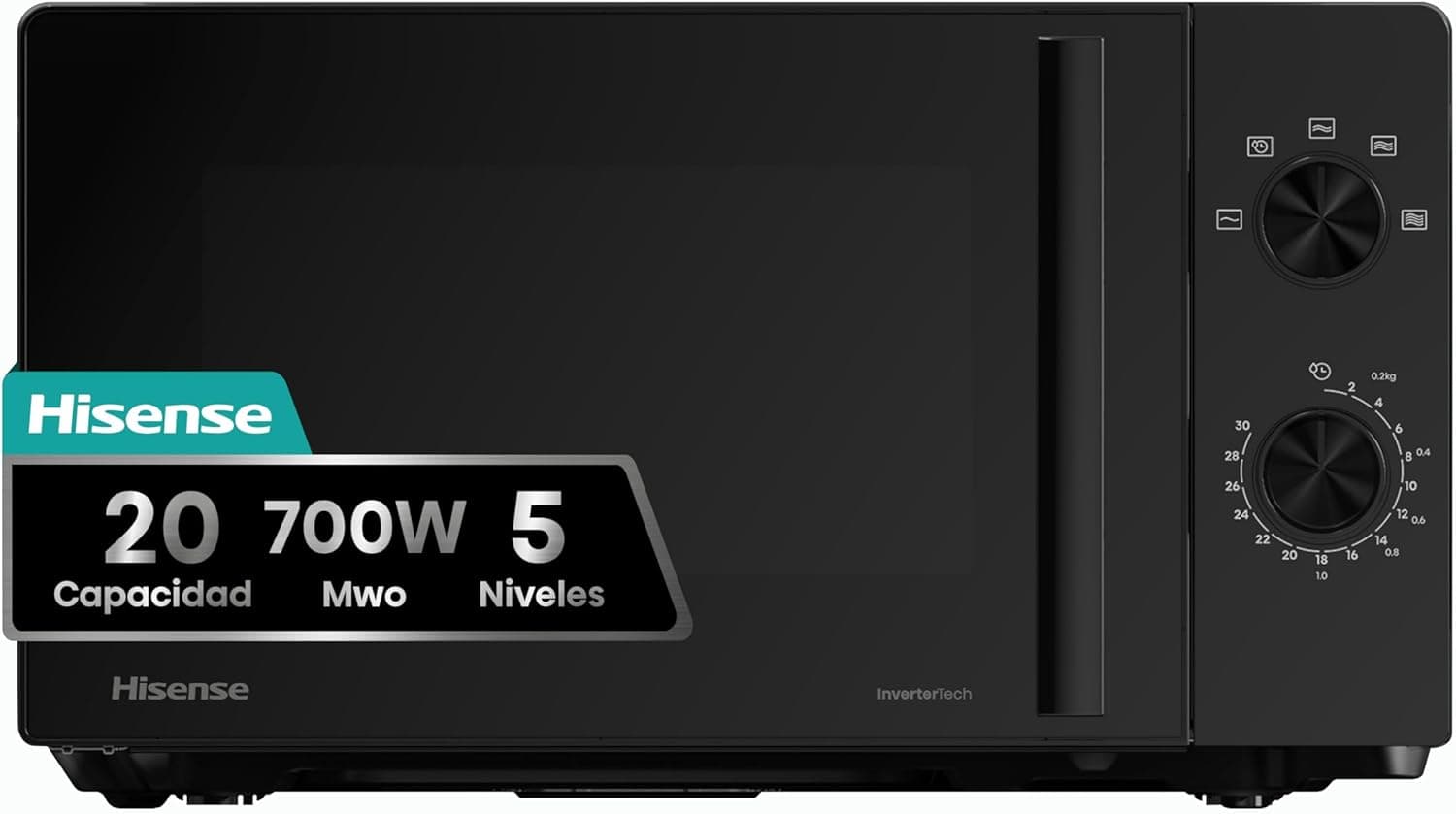 Hisense H20MOBP1HI Microondas de 20 litros, 700 W, Inverter Expert, Descongelação rápida, aquecimento uniforme, silencioso, revestimento cerâmico, vidro premium, modo ECO, 5 programas
