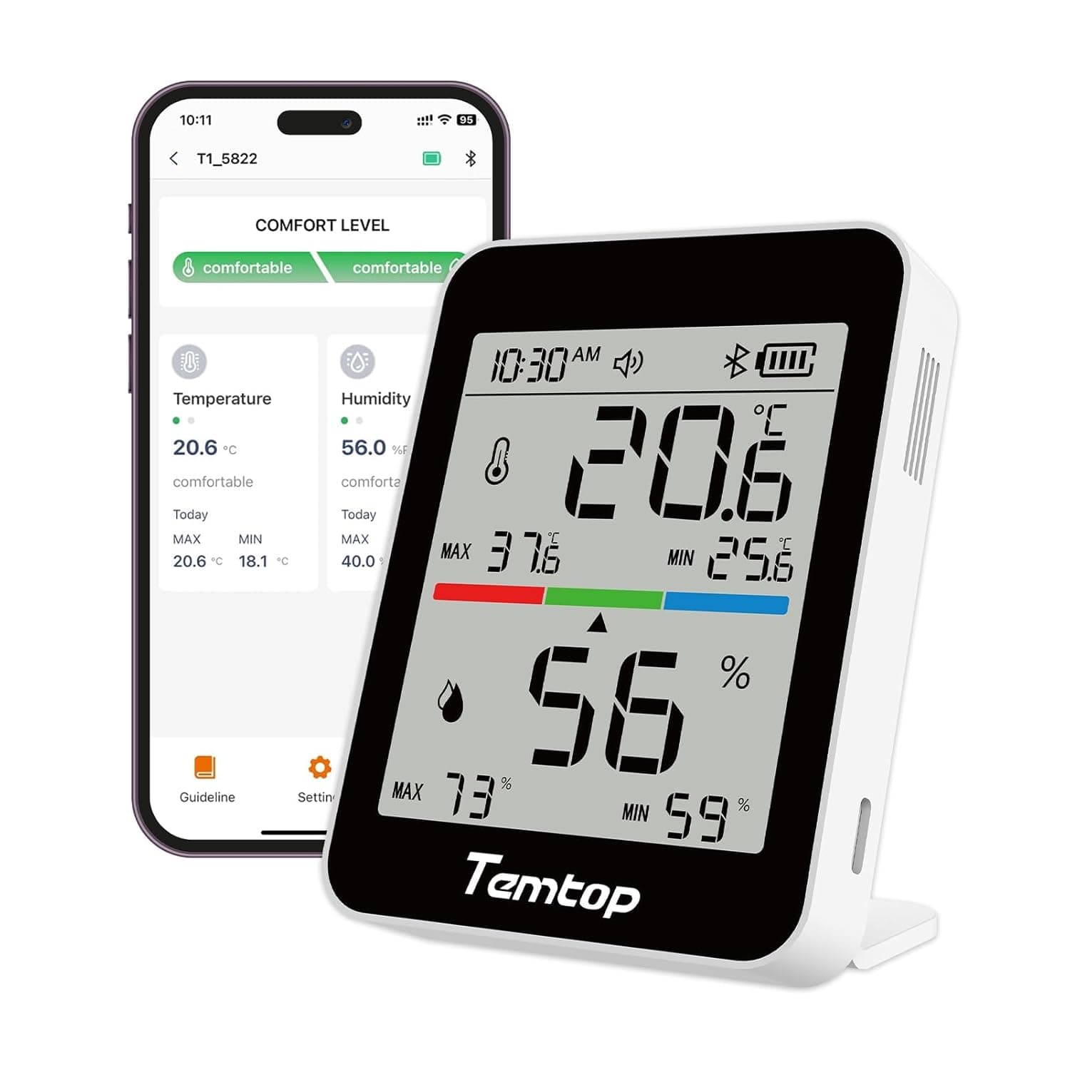 Temtop T1 | Termómetro higrométrico digital com Bluetooth e alertas para monitorização de temperatura e humidade
