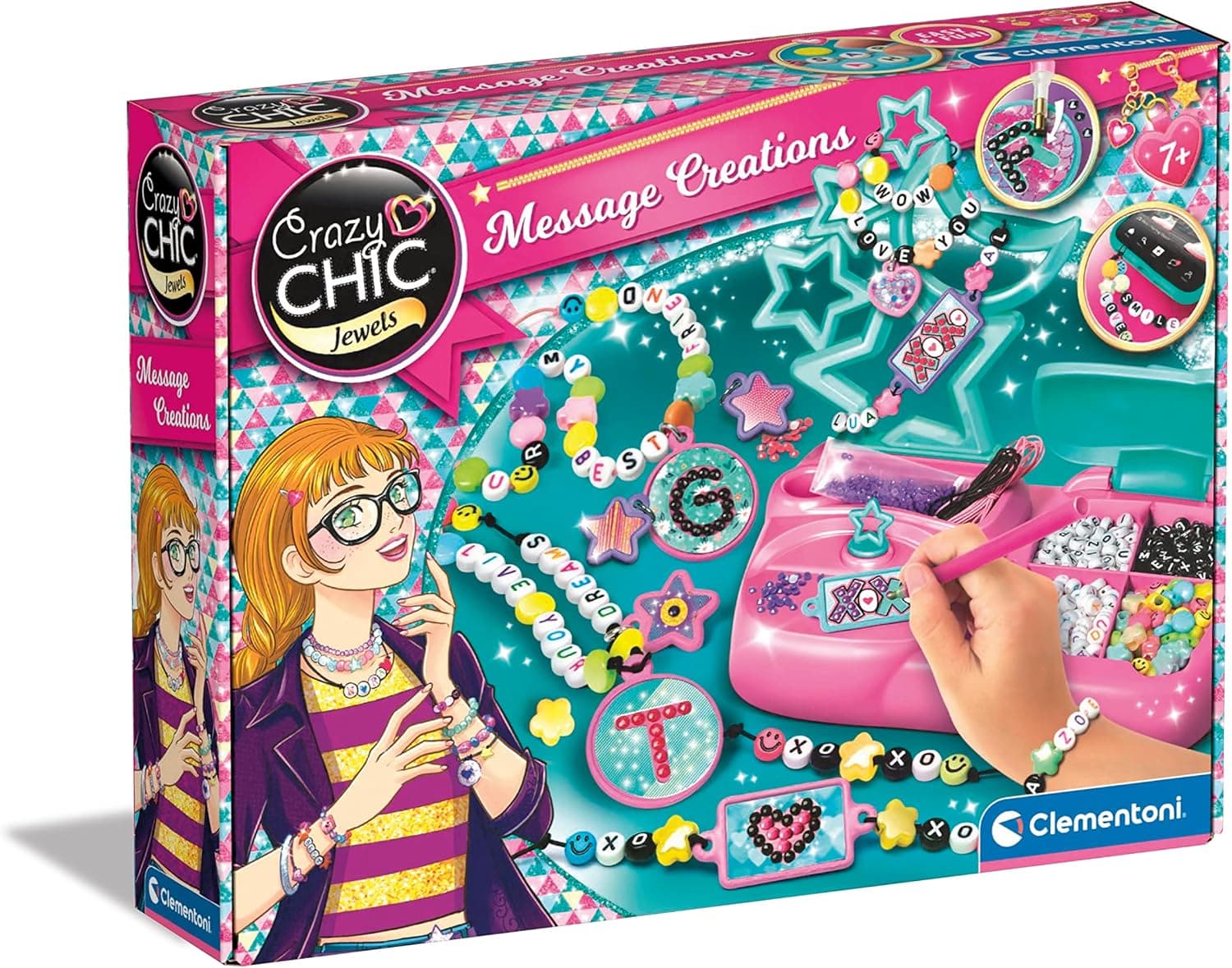 Clementoni - 18729 - Crazy Chic - Message Creations - Jogo de pulseiras, contas e conjunto para fazer pulseiras infantis, brinquedo de 6 anos para menina, presente para meninas
